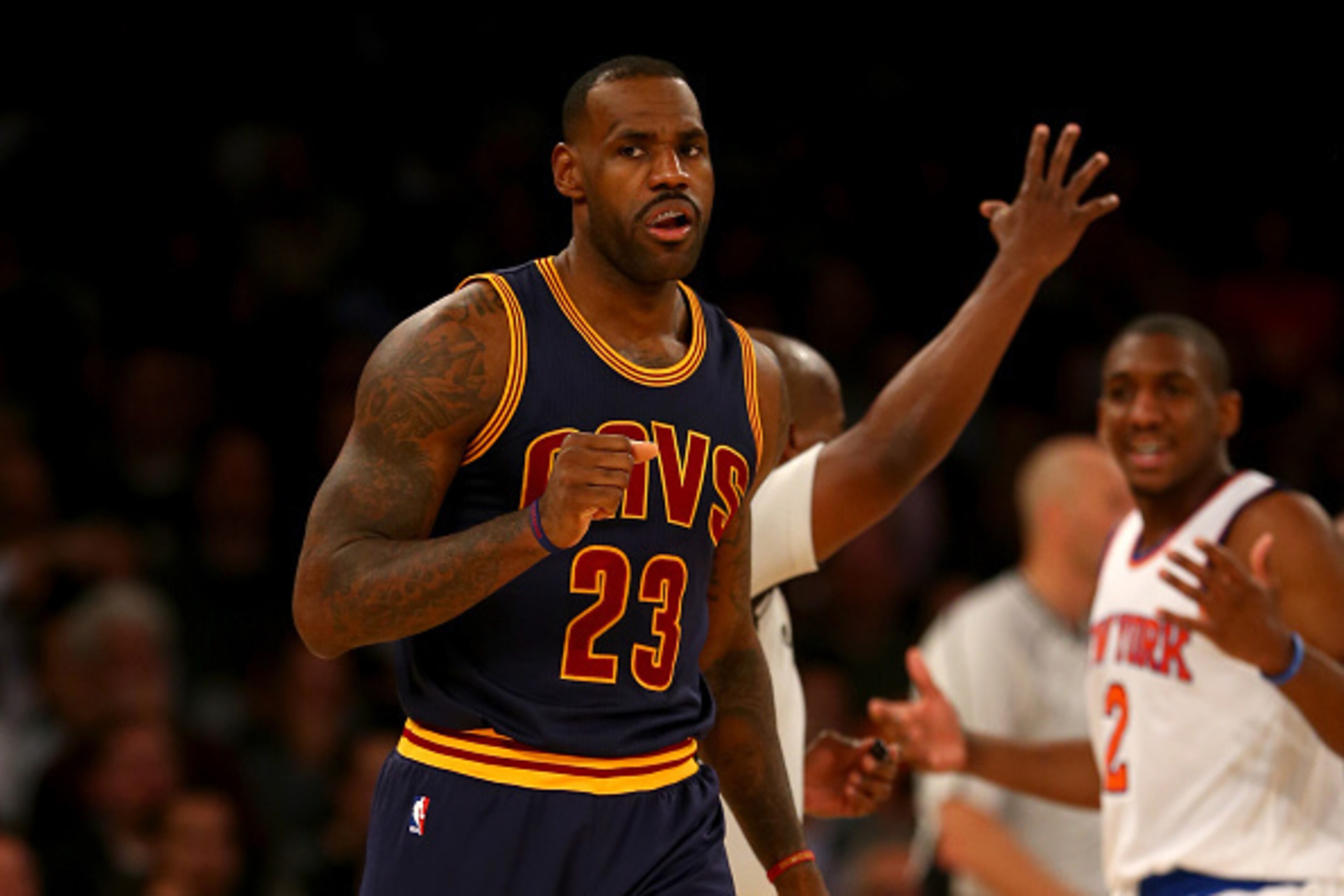 NEW YORK, NY - NOVEMBER 13:  LeBron James #23 of the Cleveland Cavaliers celebrates after making the shot and drawing the foul in the second half against the New York Knicks at Madison Square Garden on November 13, 2015 in New York City.NOTE TO USER: User