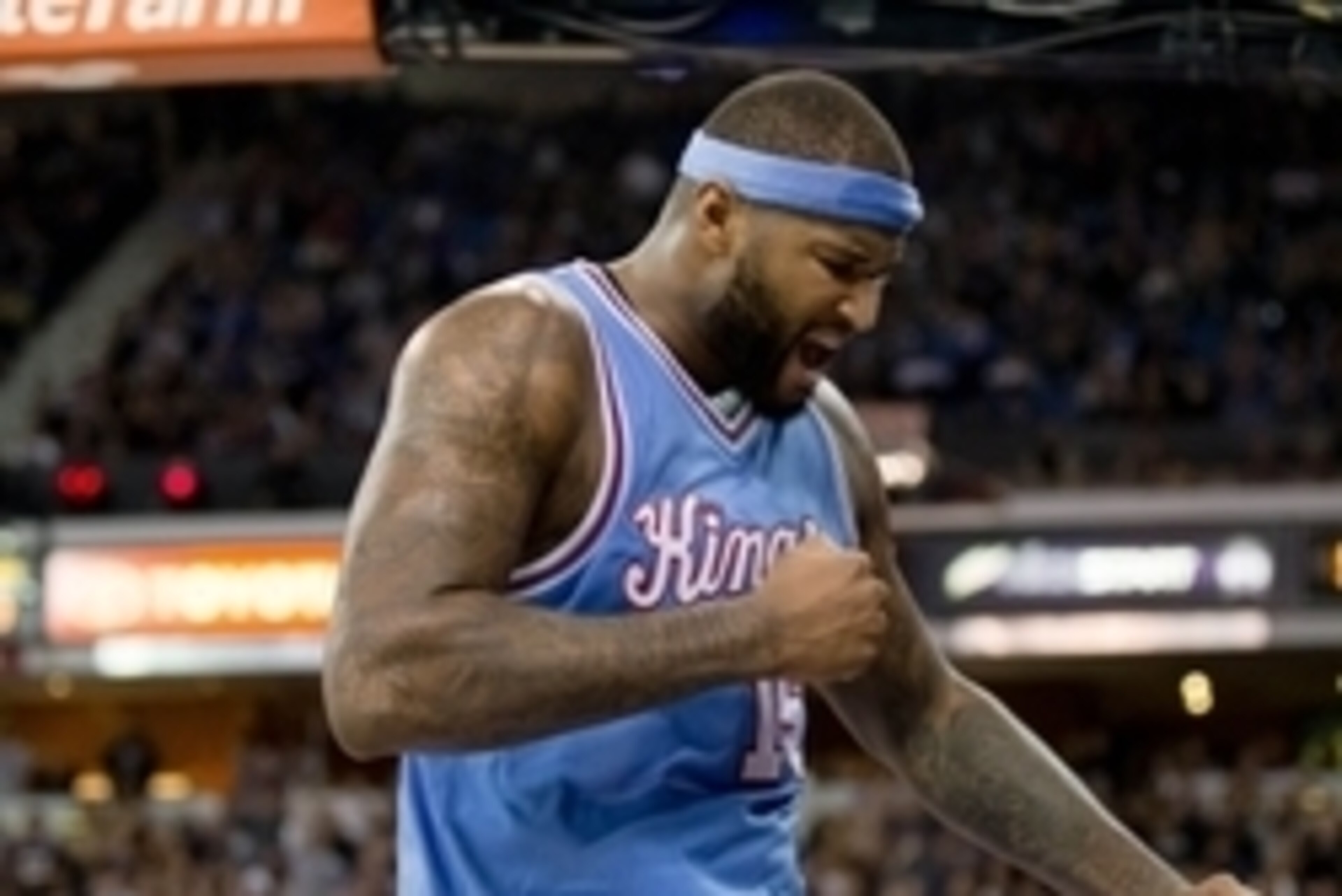 Nov 13, 2015; Sacramento, CA, USA; Sacramento Kings forward DeMarcus Cousins (15) celebrates after a basket and foul against the Brooklyn Nets during the fourth quarter at Sleep Train Arena. The Sacramento Kings defeated the Brooklyn Nets 111-109. Mandato
