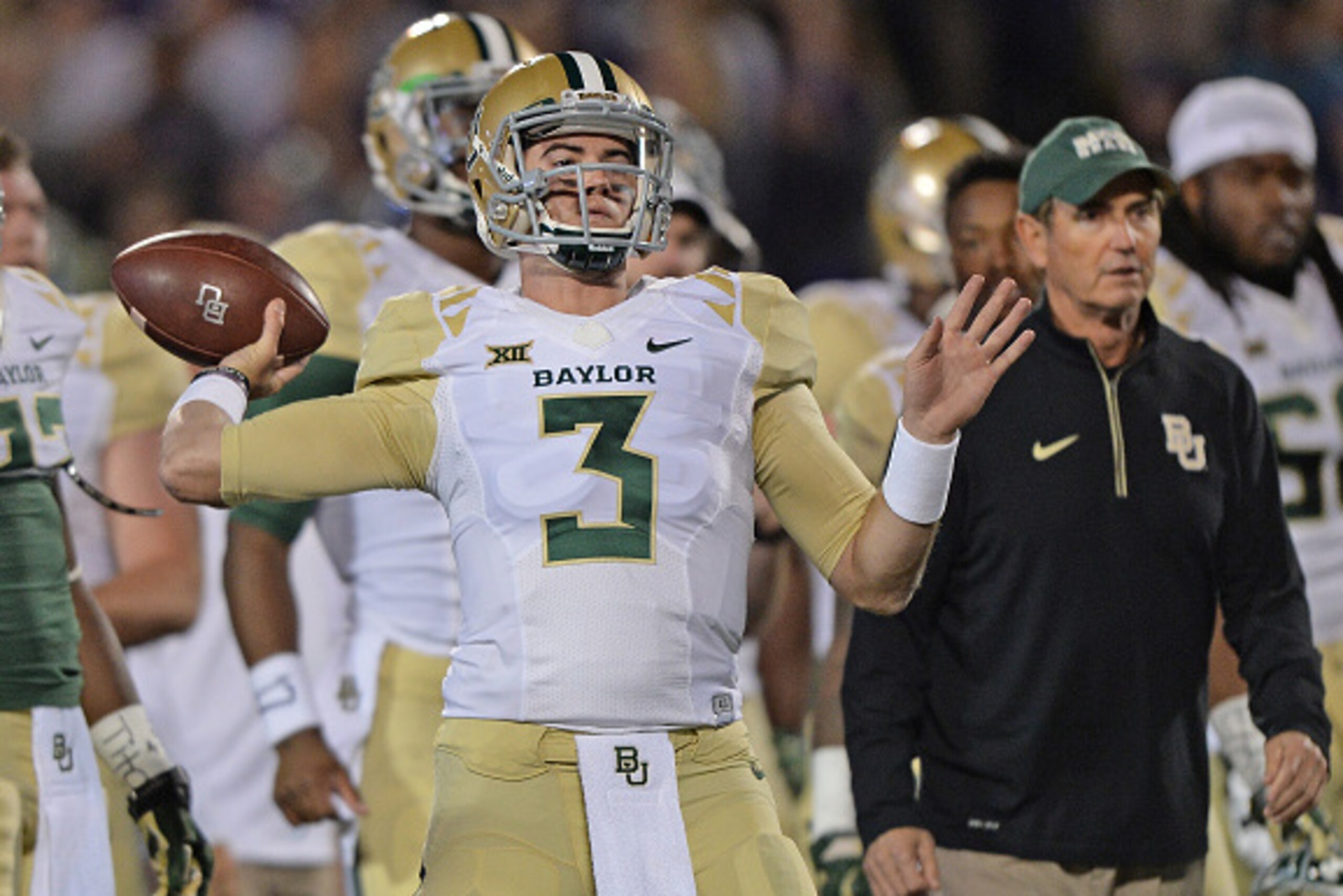 MANHATTAN, KS - NOVEMBER 05:  Quarterback Jarrett Stidham #3 of the Baylor Bears works out prior to a game against the Kansas State Wildcats on November 5, 2015 at Bill Snyder Family Stadium in Manhattan, Kansas.  (Photo by Peter G. Aiken/Getty Images)