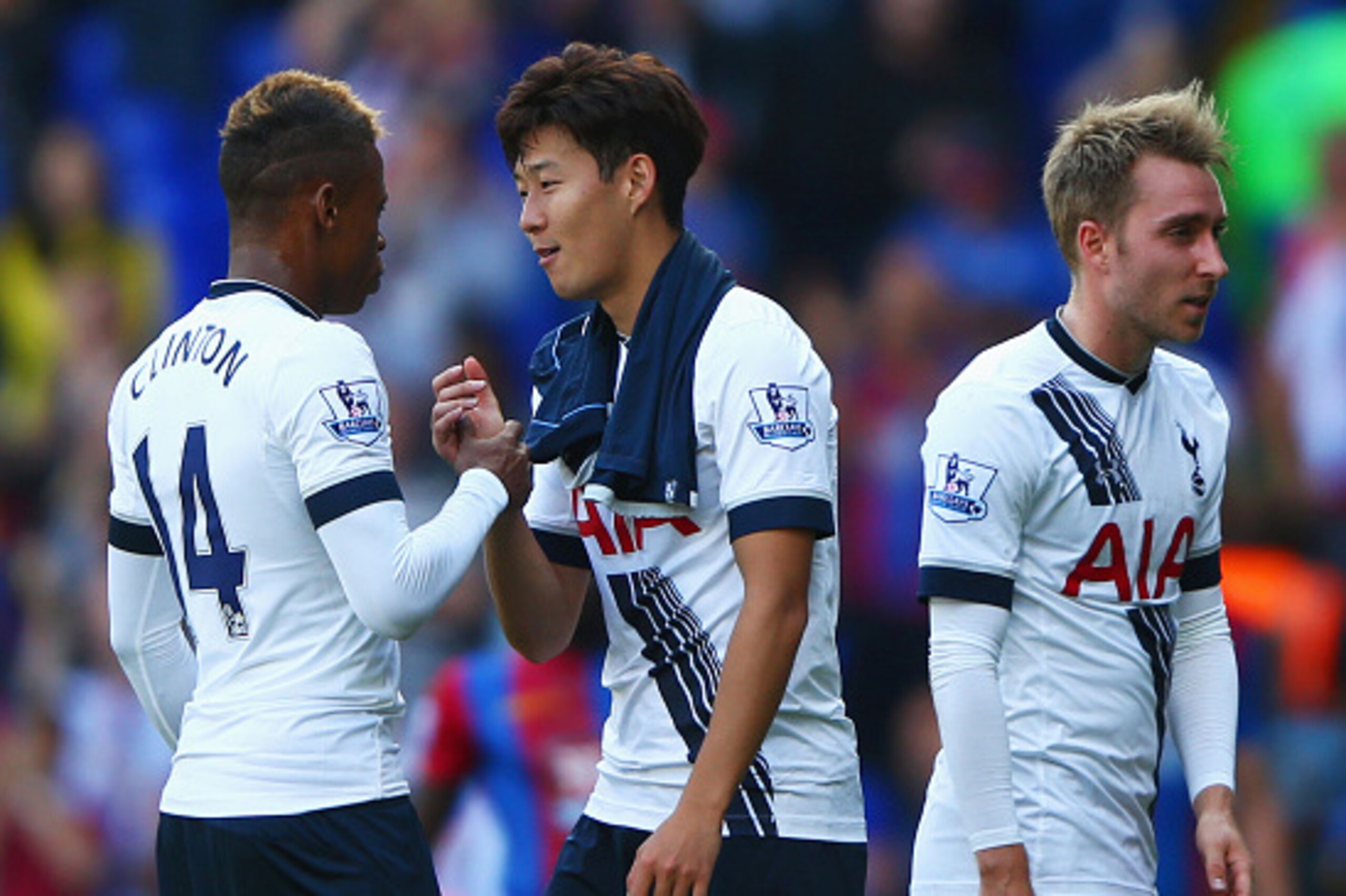 LONDON, ENGLAND - SEPTEMBER 20: Clinton N'Jie of Tottenham Hotspur shakes hands with Son Heung-Min of Tottenham Hotspur after the Barclays Premier League match between Tottenham Hotspur and Crystal Palace at White Hart Lane on September 20, 2015 in London