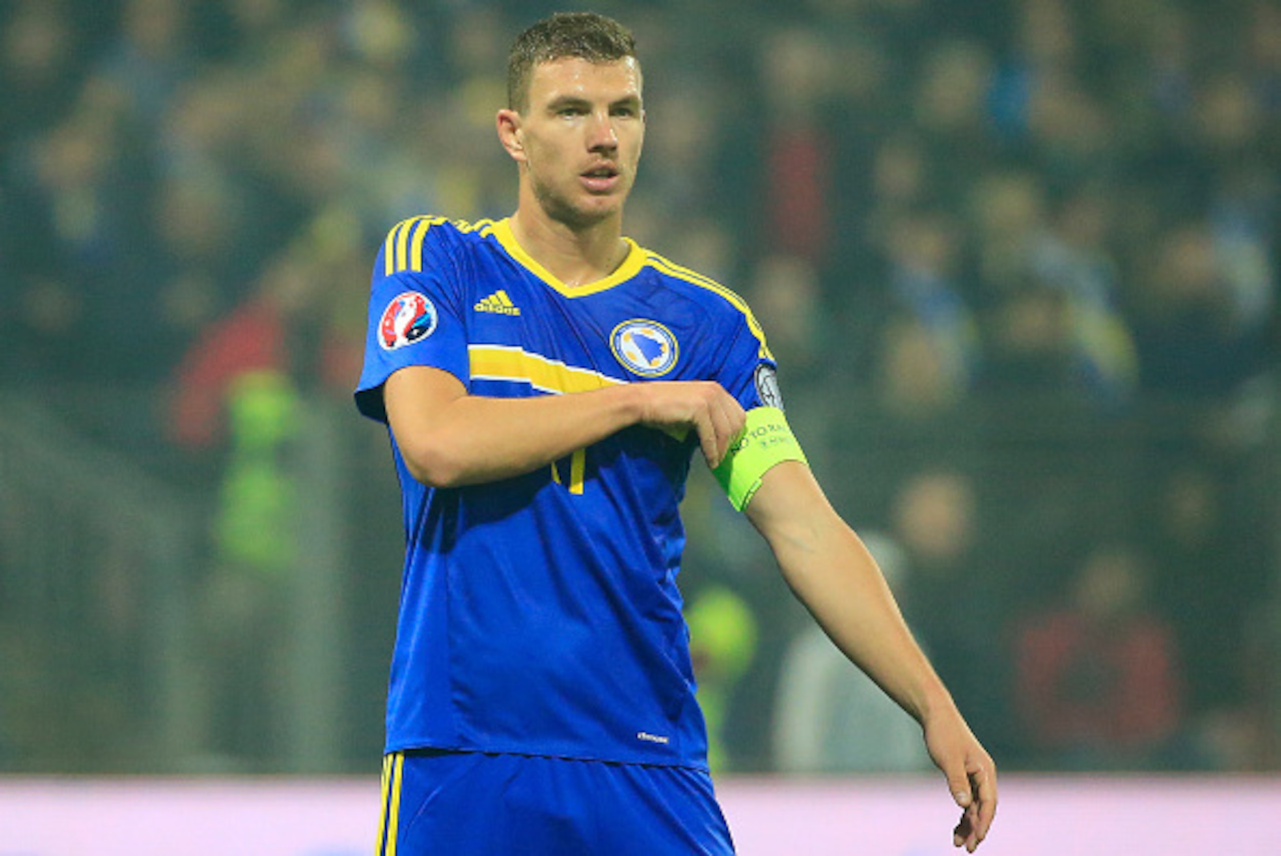 ZENICA, BOSNIA AND HERZEGOVINA - NOVEMBER 13. Edin Dzeko of Bosnia looks on during the EURO 2016 Qualifier Play-Off First Leg match at Bilino Polje Stadium on November 13, 2015 in Zenica, Bosnia and Herzegovina. (Photo by Srdjan Stevanovic/Getty Images)