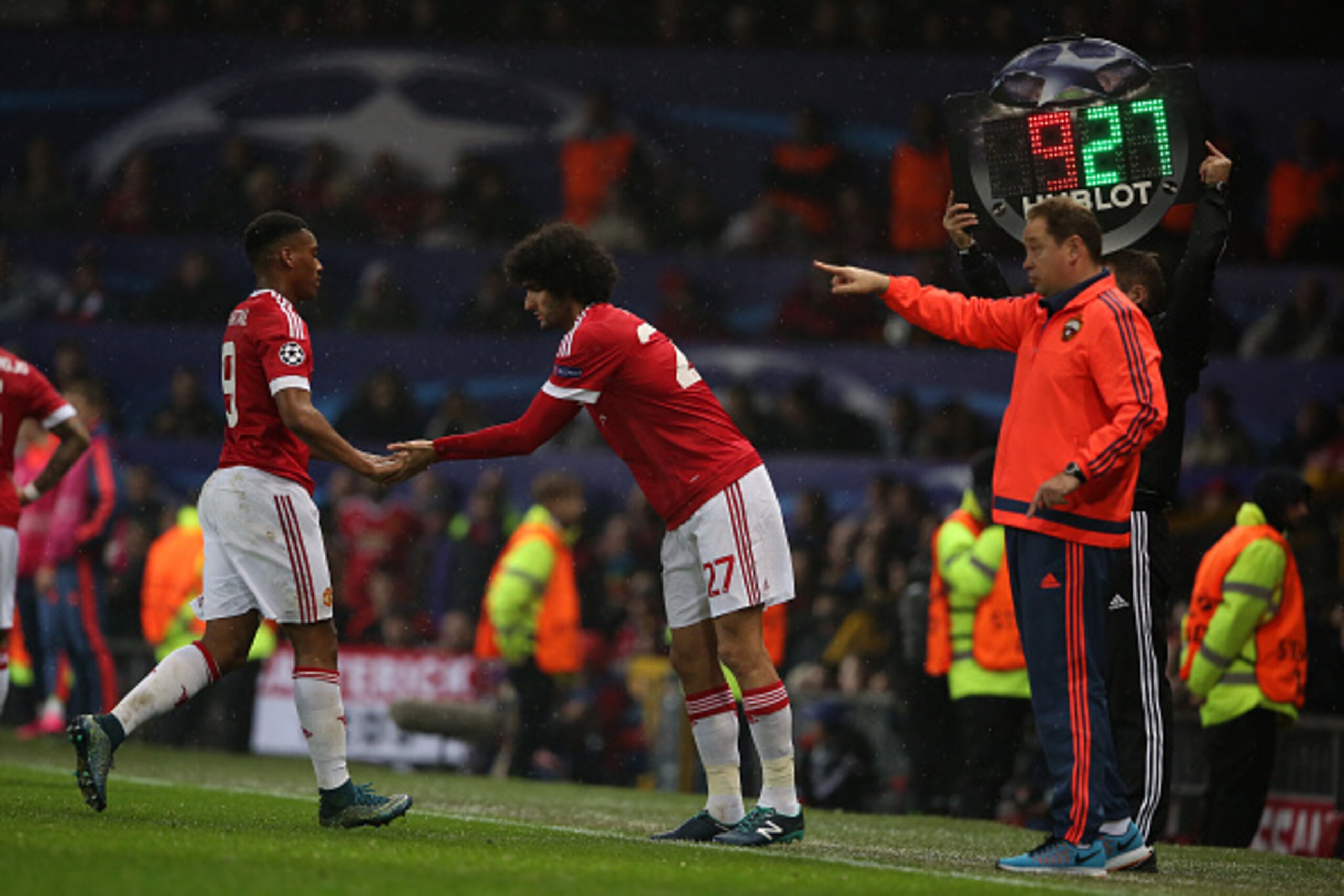 MANCHESTER, UNITED KINGDOM - NOVEMBER 03:  Marouane Fellaini of Manchester United replaces Anthony Martial of Manchester United during the UEFA Champions League match between Manchester United and PFC CSKA Moskva on November 3, 2015 in Manchester, United 