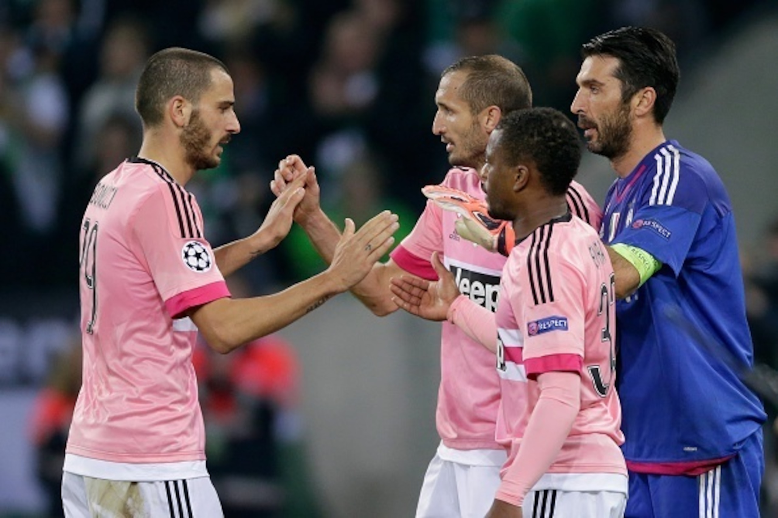 (L-R) Leonardo Bonucci of Juventus, Giorgio Chiellini of Juventus, Gianluigi Buffon of Juventus, Patrice Evra of Juventus during the UEFA Champions League group D match between Borussia Mönchengladbach and Juventus Turin on November 03, 2015 at Borussia-P