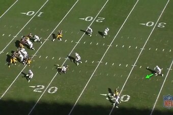 Antonio Brown separates from Hayden with a stutter-step fake toward the sidelines, luring in Charles Woodson as well.