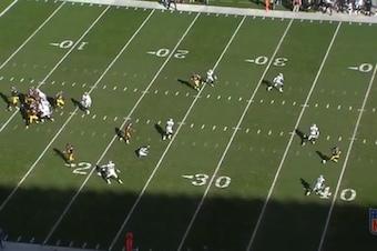Antonio Brown explodes out of his in-cut and through the middle of D.J. Hayden and Charles Woodson.