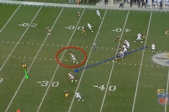 Derek Carr moves Pittburgh defensive back William Gay with his eyes, leaving  linebacker Vince Williams responsible for Michael Crabtree.