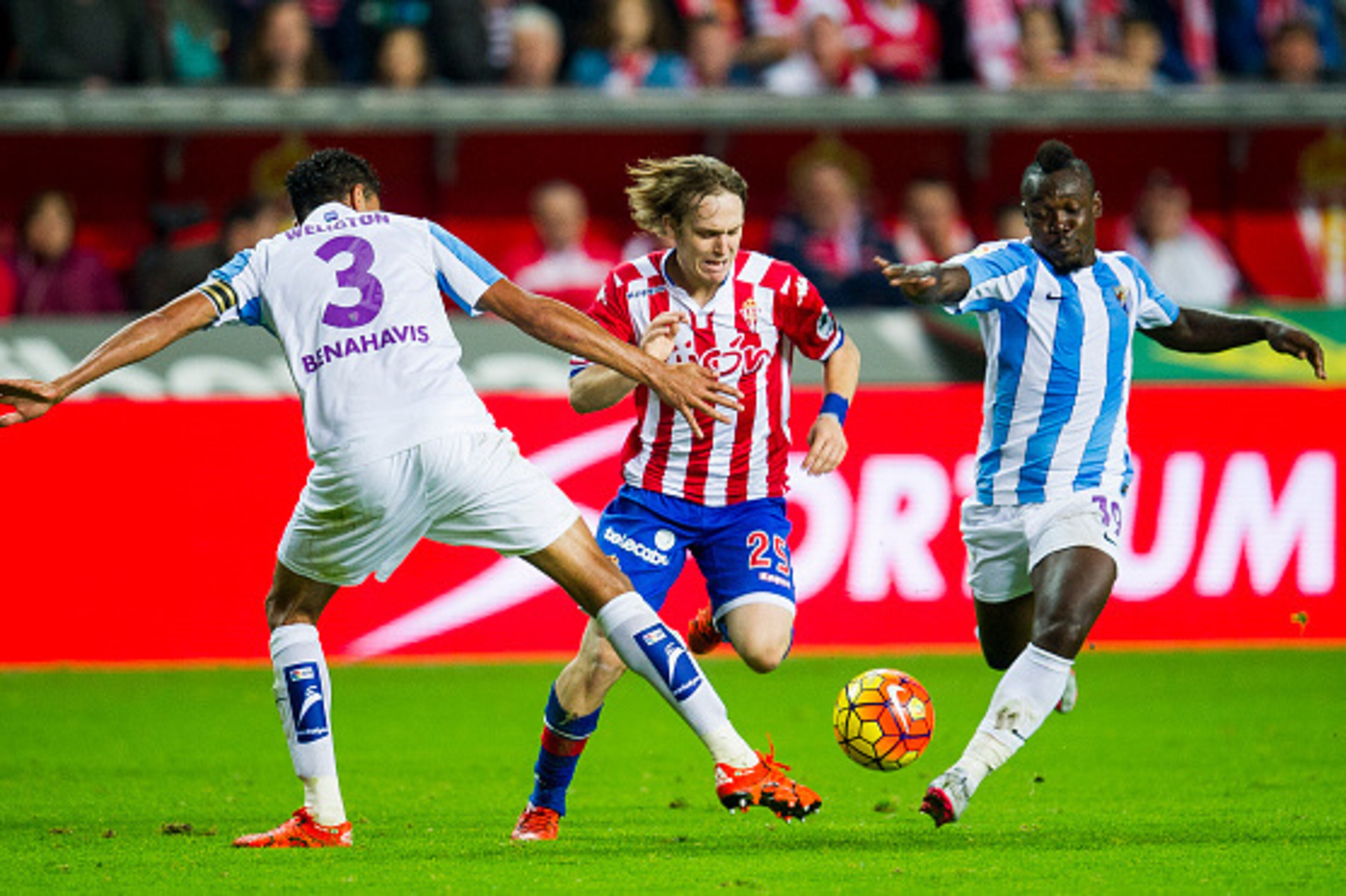 GIJON, SPAIN - NOVEMBER 01: Halilovic (C) of Real Sporting de Gijon duels for the ball with Weligton and Arthur Boka (R) of Malaga CF during the La Liga match between Real Sporting de Gijon and Malaga CF at Estadio El Molinon on November 1, 2015 in Gijon, GIJON, SPAIN - NOVEMBER 01: Halilovic (C) of Real Sporting de Gijon duels for the ball with Weligton and Arthur Boka (R) of Malaga CF during the La Liga match between Real Sporting de Gijon and Malaga CF at Estadio El Molinon on November 1, 2015 in Gijon,