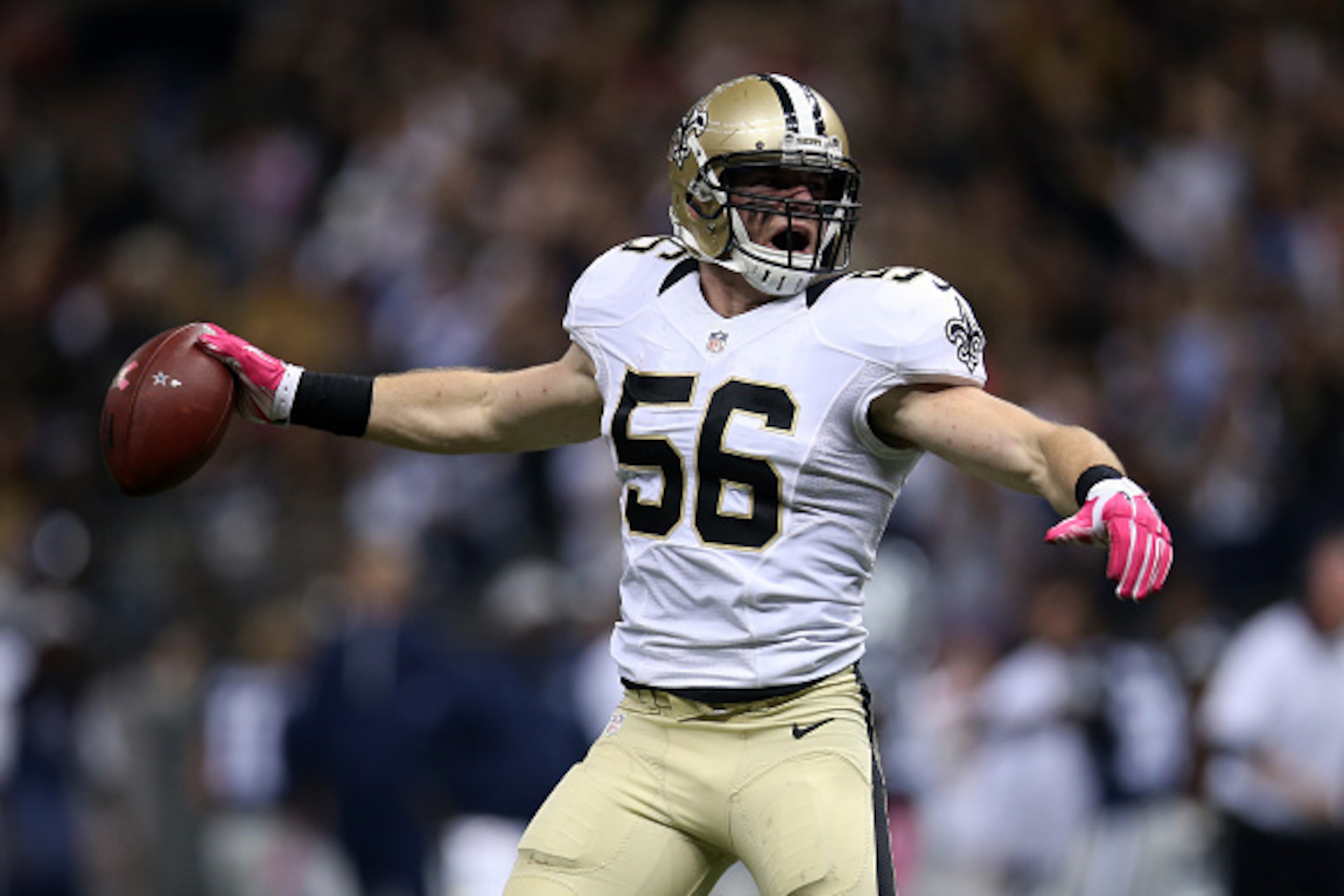 NEW ORLEANS, LA - OCTOBER 04:  Michael Mauti #56 of the New Orleans Saints celebrates after thinking the ball was fumbled during the second quarter against the Dallas Cowboys at Mercedes-Benz Superdome on October 4, 2015 in New Orleans, Louisiana.  (Photo