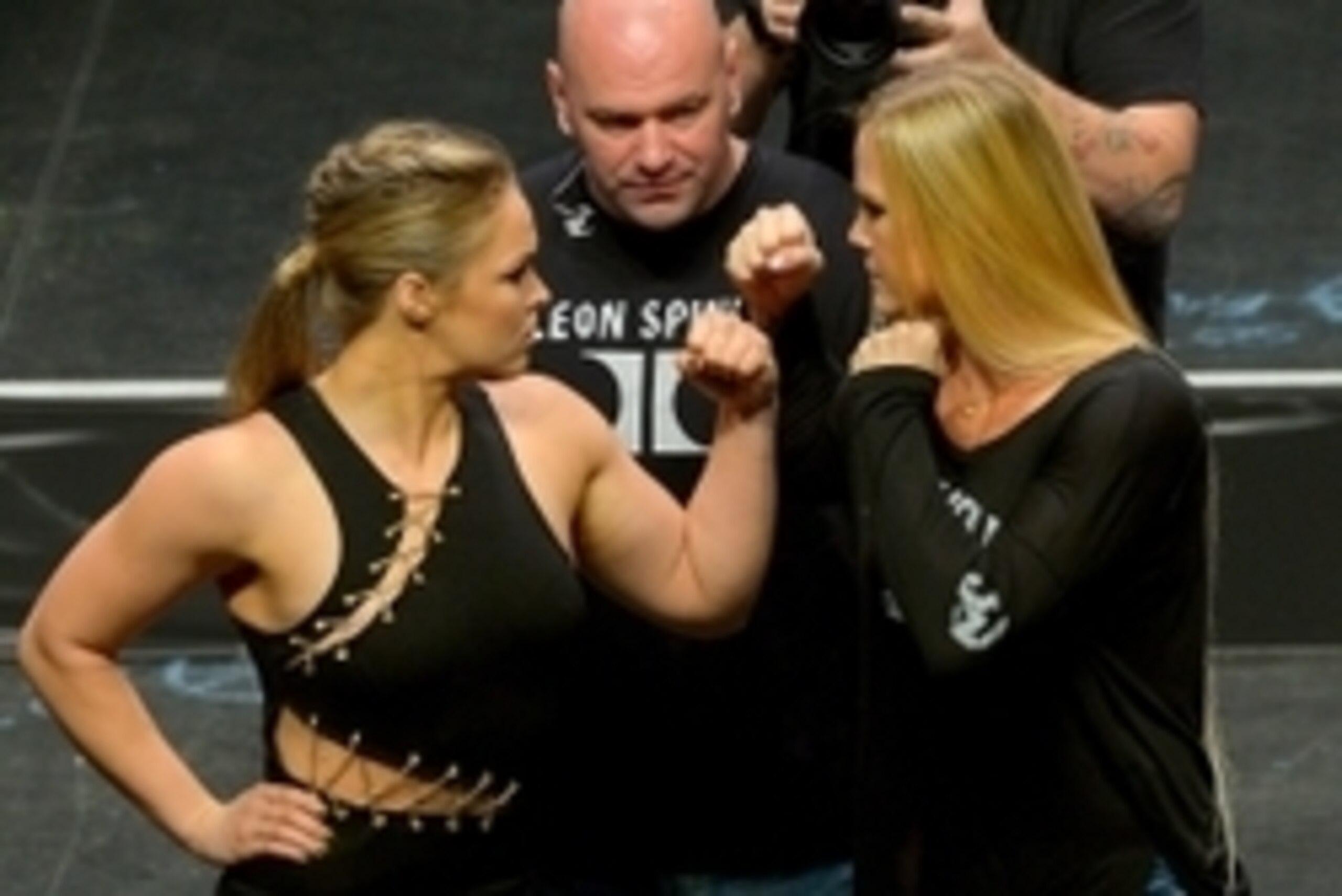 Sep 4, 2015; Las Vegas, NV, USA; UFC President Dana White looks on as Champion Ronda Rousey and challenger Holly Holm face-off at the MGM Grand Garden Arena to promote their upcoming fight, UFC 194, in Dallas, Tx. Mandatory Credit: Jayne Kamin-Oncea-USA T