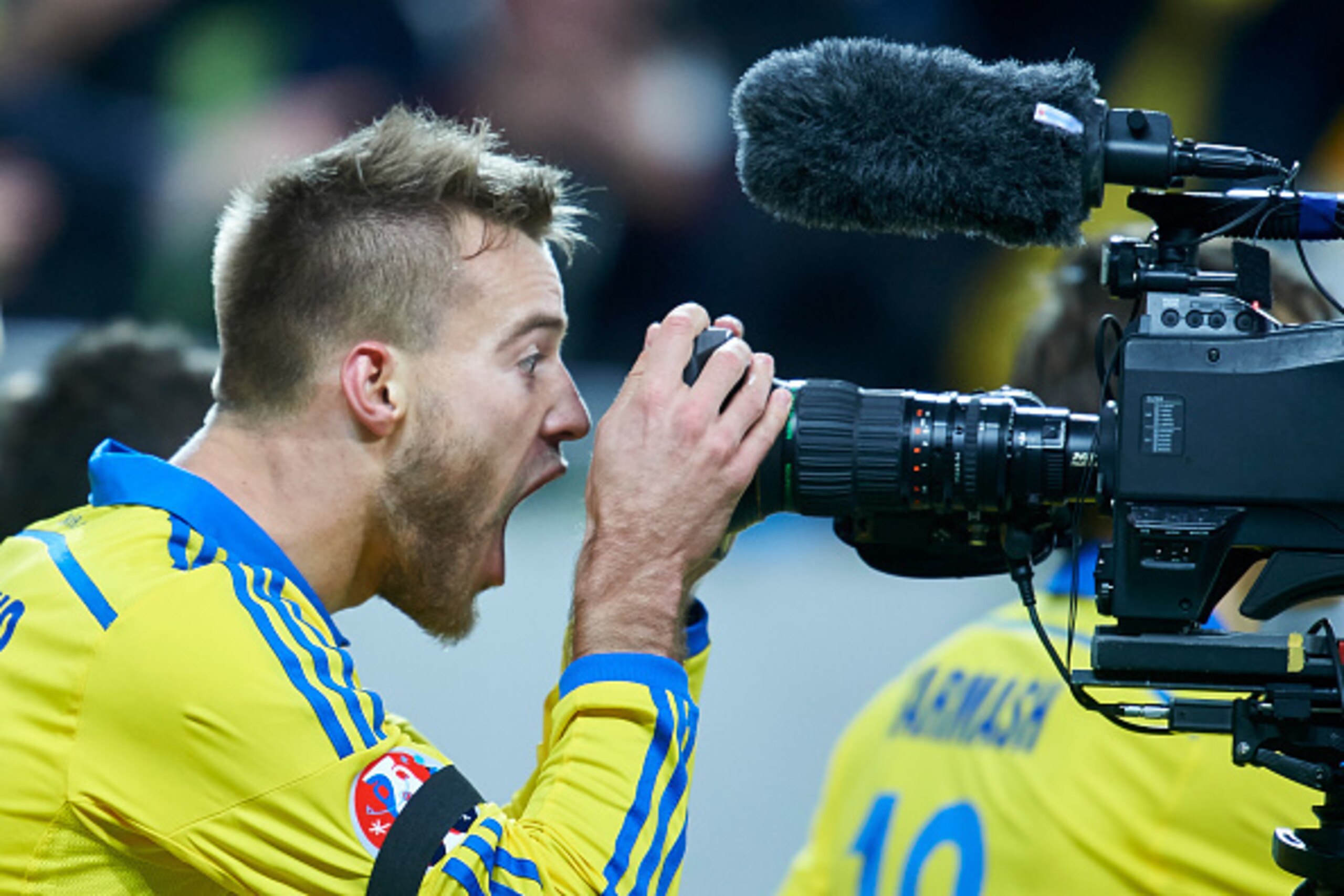UKRAINE, LVIV - NOVEMBER 14: Andriy Yarmolenko from Ukraine celebrates after scoring during the UEFA EURO 2016 Play-off for Final Tournament, First leg between Ukraine and Slovenia at Lviv Arena on November 14, 2015 in Lviv, Ukraine. (Photo by Adam Nurkie