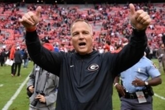 Nov 7, 2015; Athens, GA, USA; Georgia Bulldogs head coach Mark Richt reacts to the fans and students after defeating the Kentucky Wildcats at Sanford Stadium. Georgia defeated Kentucky 27-3. Mandatory Credit: Dale Zanine-USA TODAY Sports