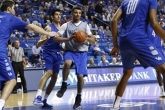 Oct 27, 2015; Lexington, Kentucky, USA; Kentucky Wildcats guard Jamal Murray (23) drives the ball down the lane in the second half of the Blue White scrimmage at Rupp Arena. Mandatory Credit: Mark Zerof-USA TODAY Sports