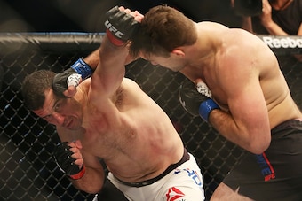 MELBOURNE, AUSTRALIA - NOVEMBER 15:  Gian Villante of the United States (R) and  Anthony Perosh of Australia compete in their light heavyweight bout during the UFC 193 event at Etihad Stadium on November 15, 2015 in Melbourne, Australia.  (Photo by Pat Sc