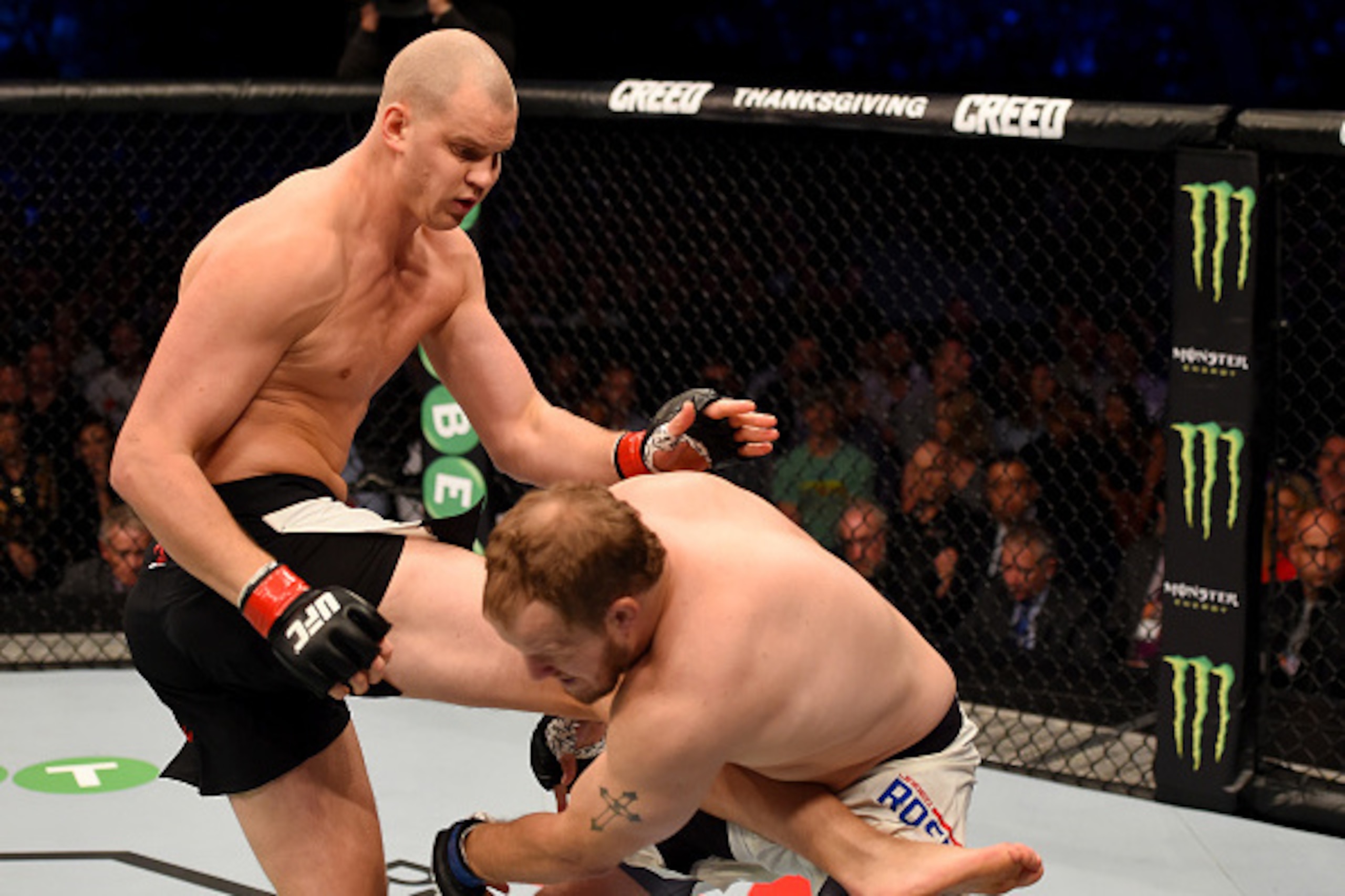 MELBOURNE, AUSTRALIA - NOVEMBER 15:  (L-R) Stefan Struve kicks Jared Rosholt in round one of their heavyweight bout during the UFC 193 event at Etihad Stadium on November 15, 2015 in Melbourne, Australia.  (Photo by Josh Hedges/Zuffa LLC/Zuffa LLC via Get