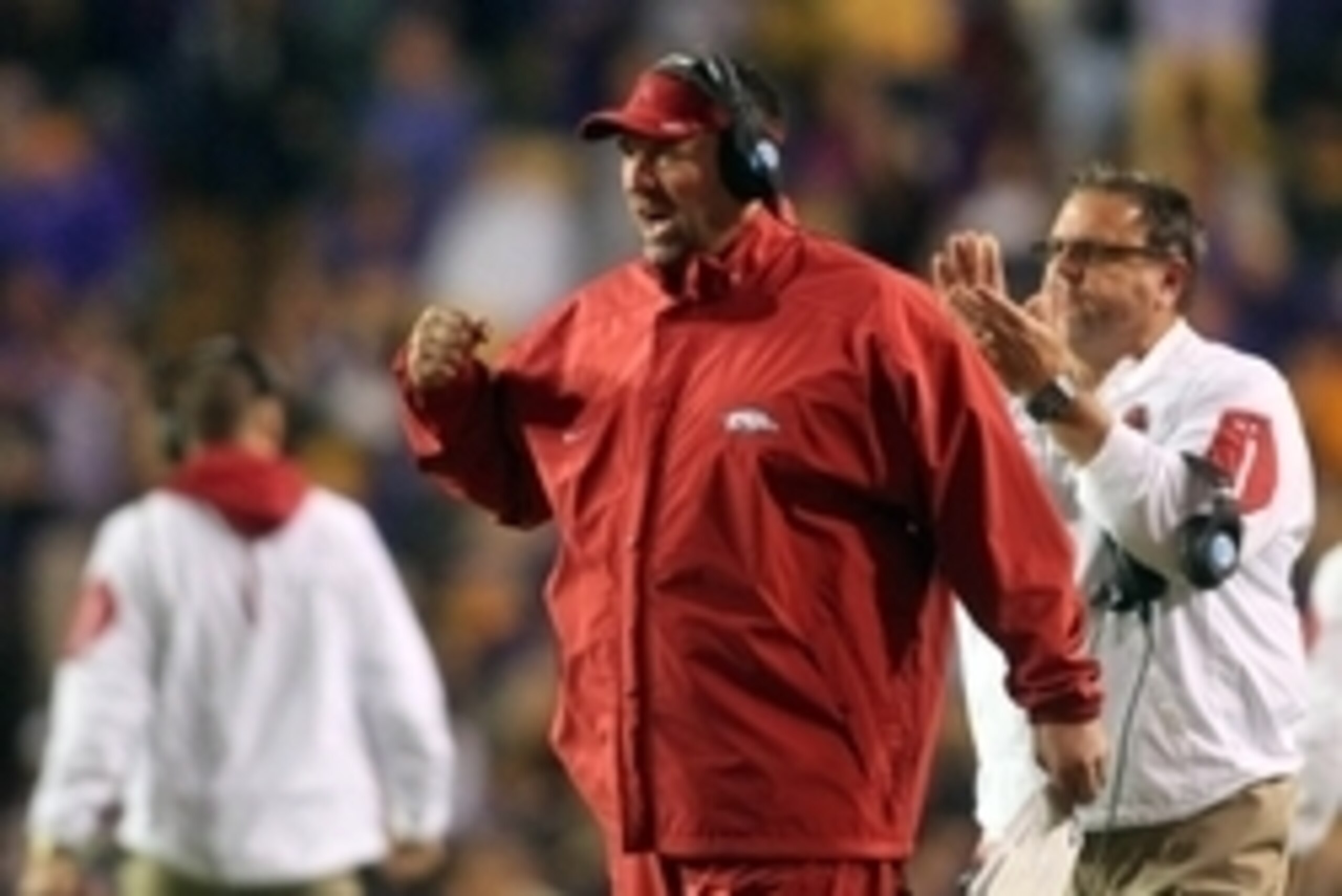 Nov 14, 2015; Baton Rouge, LA, USA; Arkansas Razorbacks head coach Brett Bielema reacts in the second half against the LSU Tigers at Tiger Stadium. Arkansas Razorbacks defeated LSU 31-14. Mandatory Credit: Crystal LoGiudice-USA TODAY Sports