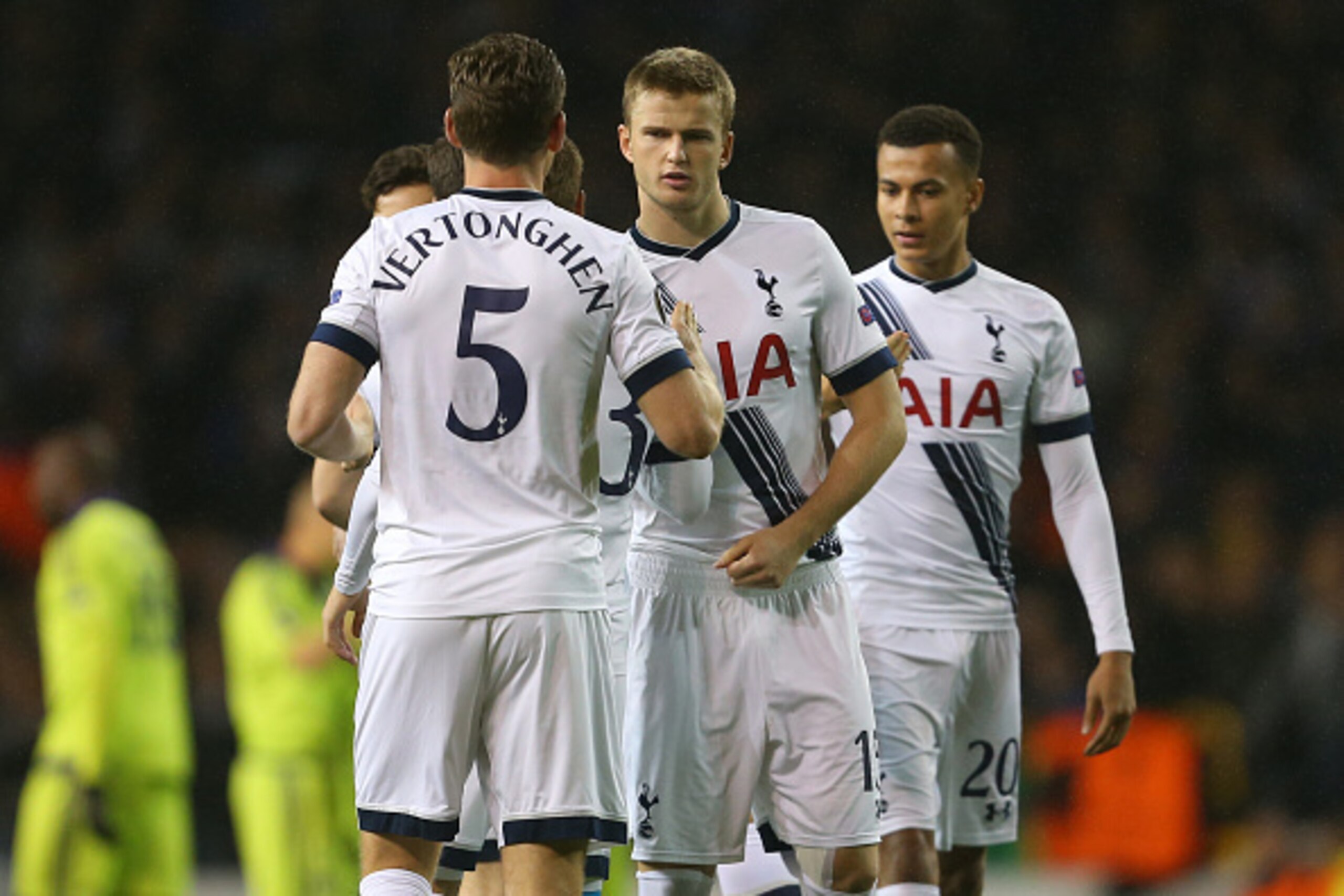 LONDON, ENGLAND - NOVEMBER 05:  Eric Dier of Tottenham Hotspur with Jan Vertonghen and Dele Alli of Tottenham Hotspur before the UEFA Europa League match between Tottenham Hotspur and RSC Anderlecht on November 5, 2015 in London, United Kingdom.  (Photo b