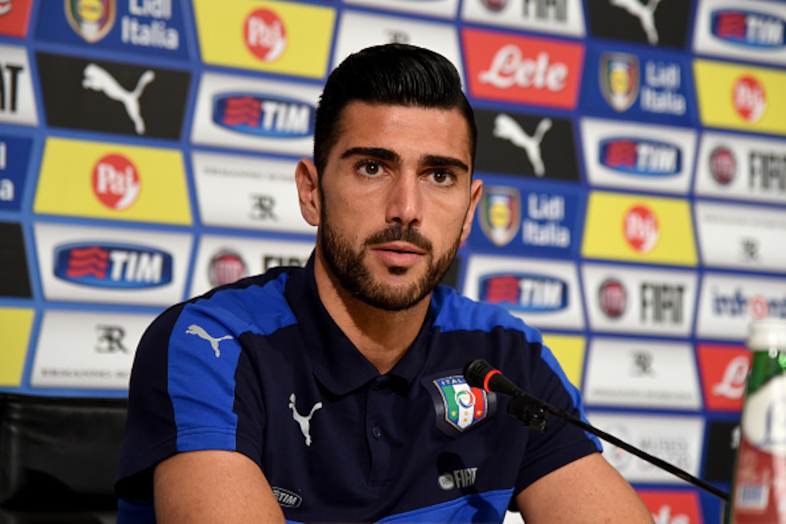 FLORENCE, ITALY - NOVEMBER 15:  Graziano Pelle of Italy speaks to the media during a press conference at Coverciano on November 15, 2015 in Florence, Italy.  (Photo by Claudio Villa/Getty Images)