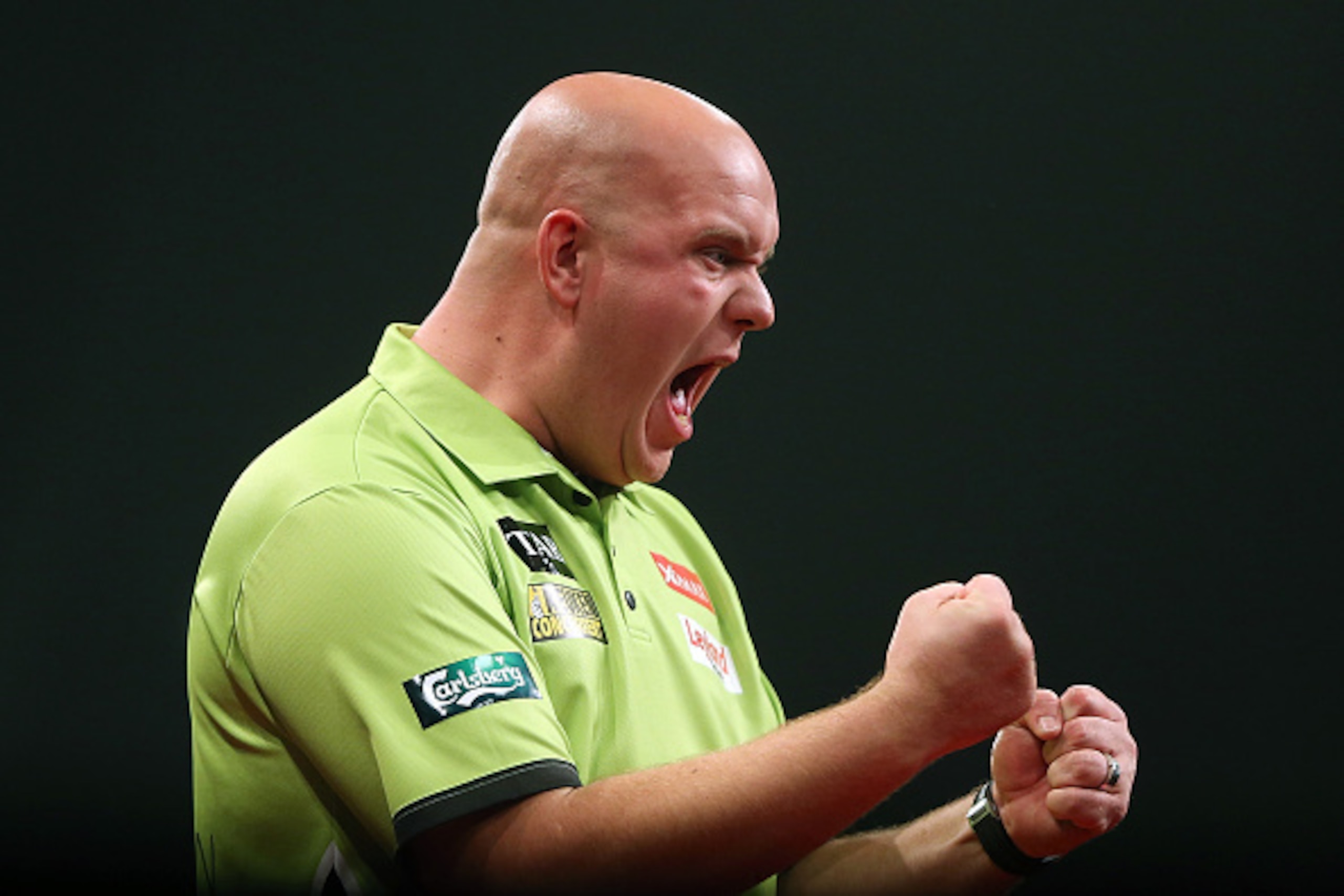 AUCKLAND, NEW ZEALAND - AUGUST 29: Michael Van Gerwen celebrates during the Auckland Darts Masters at The Trusts Arena on August 29, 2015 in Auckland, New Zealand.  (Photo by Michael Bradley/Getty Images)