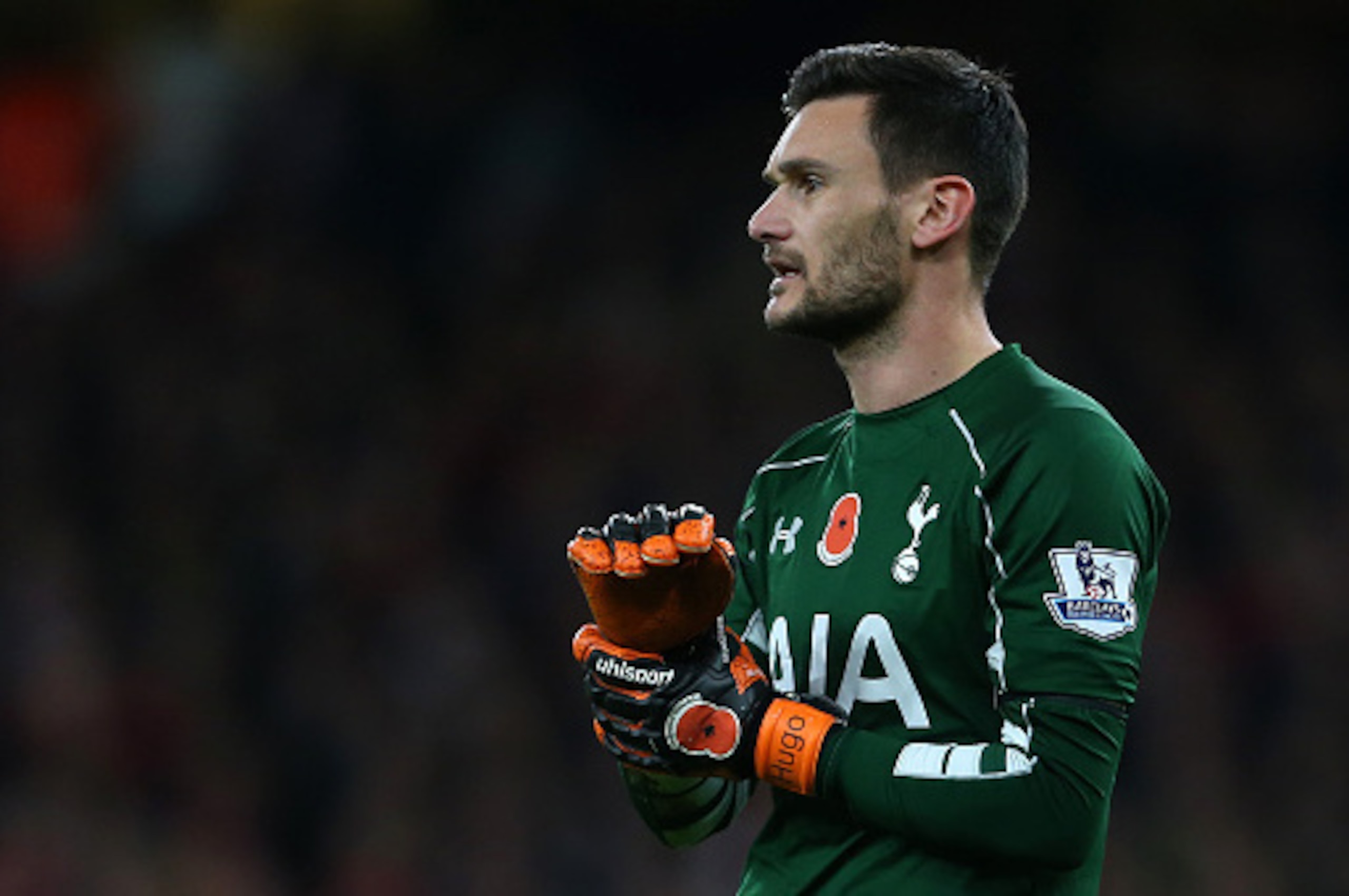 LONDON, ENGLAND - NOVEMBER 08:  Hugo Lloris of Tottenham Hotspur with a poppy on his gloves and shirt for remembrance day during the Barclays Premier League match between Arsenal and Tottenham Hotspur at Emirates Stadium on November 8, 2015 in London, Eng