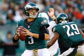 PHILADELPHIA, PA - NOVEMBER 15:  Quarterback Mark Sanchez #3 of the Philadelphia Eagles looks to pass against the Miami Dolphins in the fourth quarter at Lincoln Financial Field on November 15, 2015 in Philadelphia, Pennsylvania.  (Photo by Rich Schultz/G