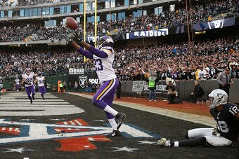 OAKLAND, CA - NOVEMBER 15:  Cornerback Terence Newman #23 of the Minnesota Vikings intercepts the pass intended for wide receiver Andre Holmes #18 of the Oakland Raiders in the fourth quarter at O.co Coliseum on November 15, 2015 in Oakland, California.  