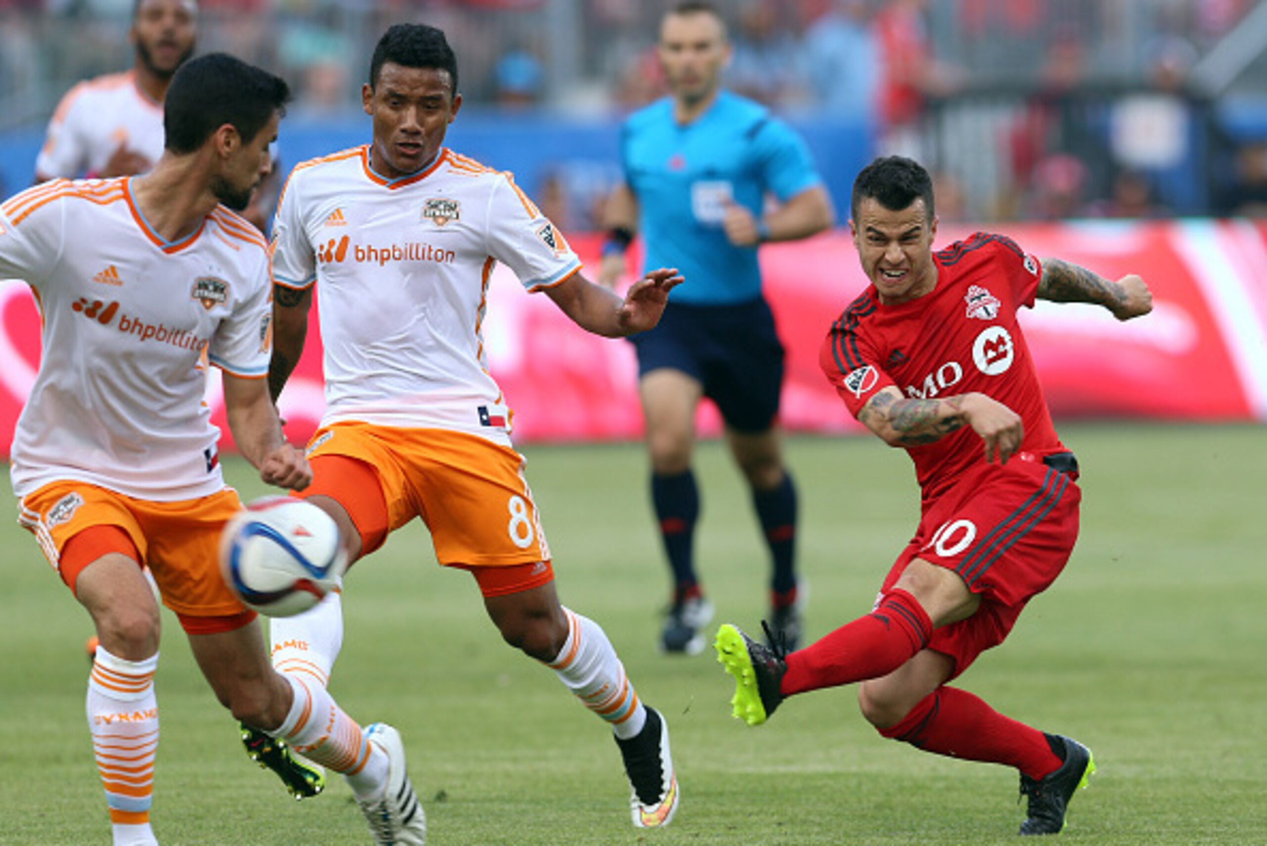 TORONTO, ON - MAY 10:  Sebastian Giovinco #10 of Toronto FC has a shot on goal during an MLS soccer game between the Houston Dynamo and Toronto FC at BMO Field on May 10, 2015 in Toronto, Ontario, Canada.  (Photo by Vaughn Ridley/Getty Images)