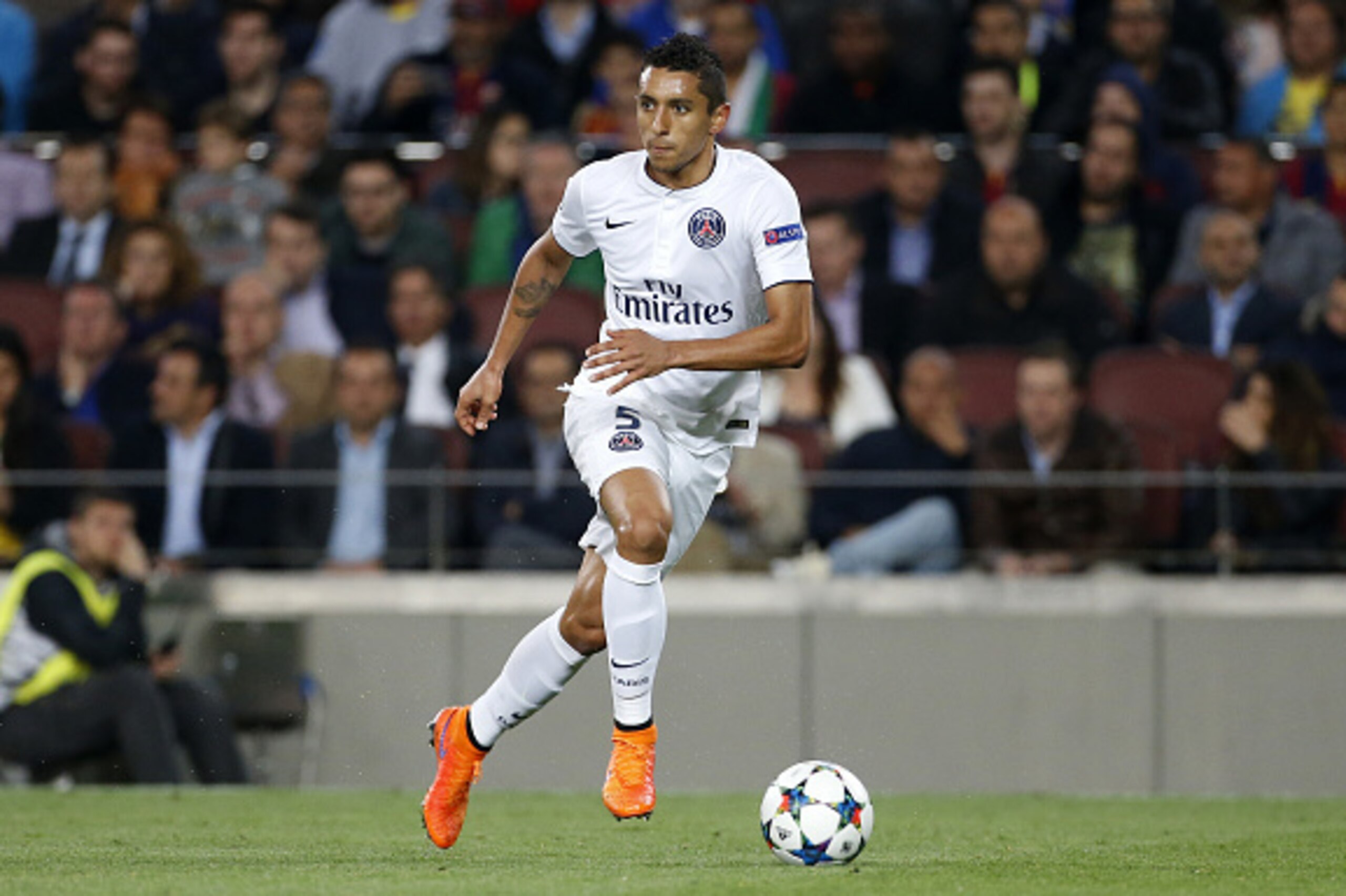 BARCELONA, SPAIN - APRIL 21: Marquinhos of PSG in action during the UEFA Champions League quarter final second leg match between FC Barcelona and Paris Saint-Germain (PSG) at Camp Nou stadium on April 21, 2015 in Barcelona, Spain. (Photo by Jean Catuffe/G