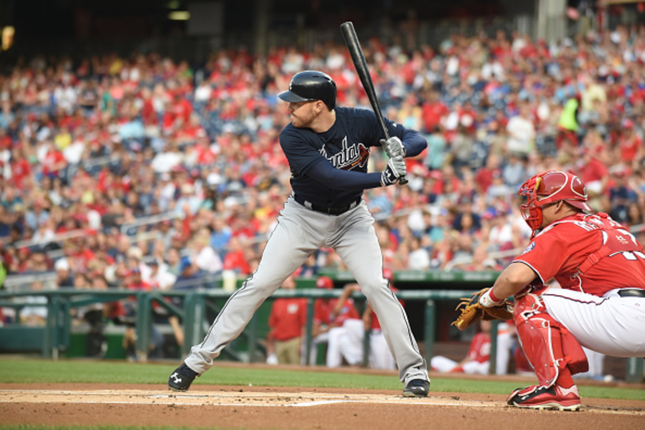 WASHINGTON, DC - SEPTEMBER 05:  Freddie Freeman #5 of the Atlanta Braves prepares for a pitch during a baseball game against the Washington Nationals at Nationals Park on September 5, 2015 in Washington, DC.  The Nationals won 8-2.  (Photo by Mitchell Lay