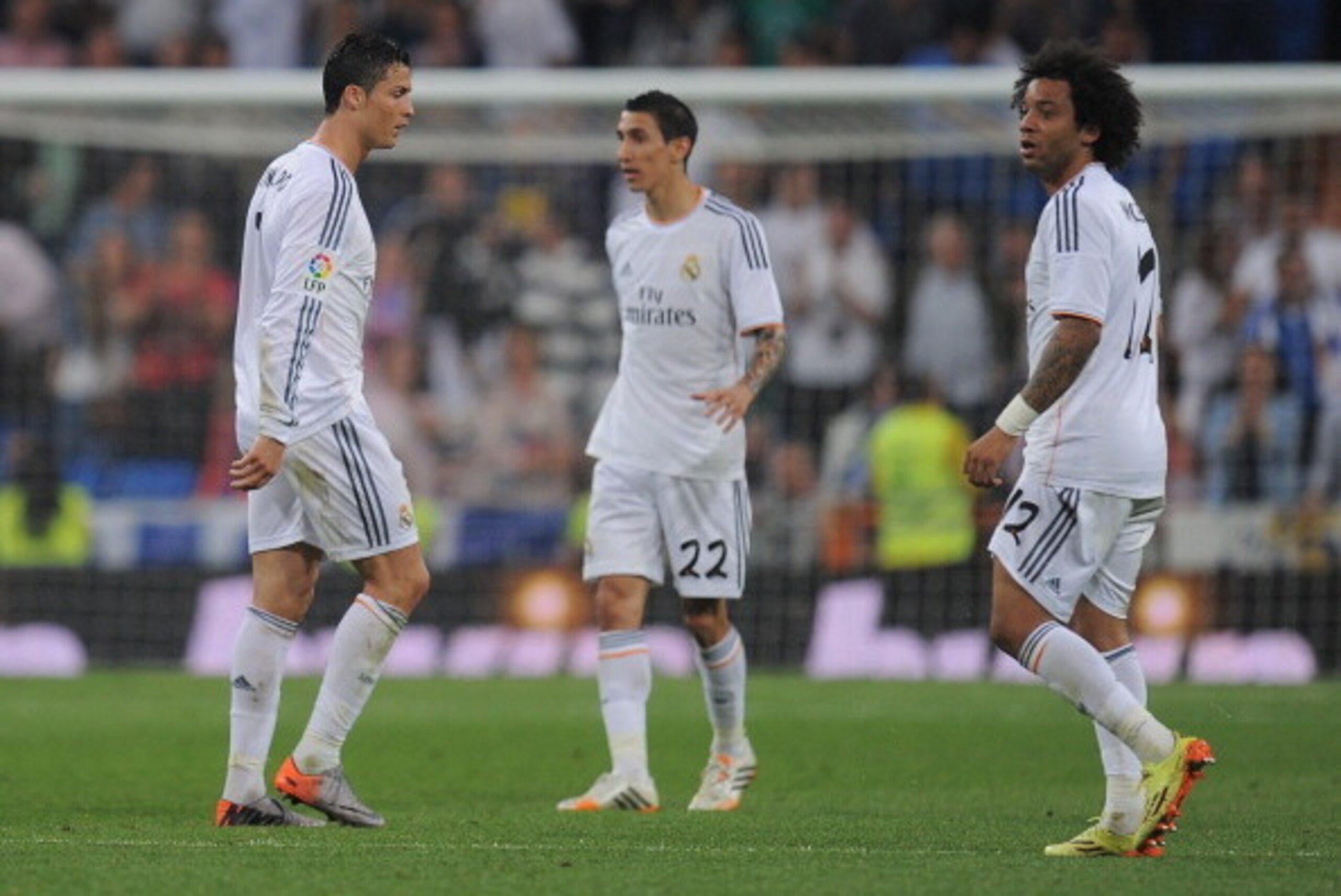 MADRID, SPAIN - MAY 04: Cristiano Ronaldo (L), Angel Di Maria and Marcelo of Real Madrid FC react during the La Liga match between Real Madrid CF and Valencia CF at Santiago Bernabeu stadium on May 4, 2014 in Madrid, Spain. (Photo by Denis Doyle/Getty I MADRID, SPAIN - MAY 04: Cristiano Ronaldo (L), Angel Di Maria and Marcelo of Real Madrid FC react during the La Liga match between Real Madrid CF and Valencia CF at Santiago Bernabeu stadium on May 4, 2014 in Madrid, Spain. (Photo by Denis Doyle/Getty I