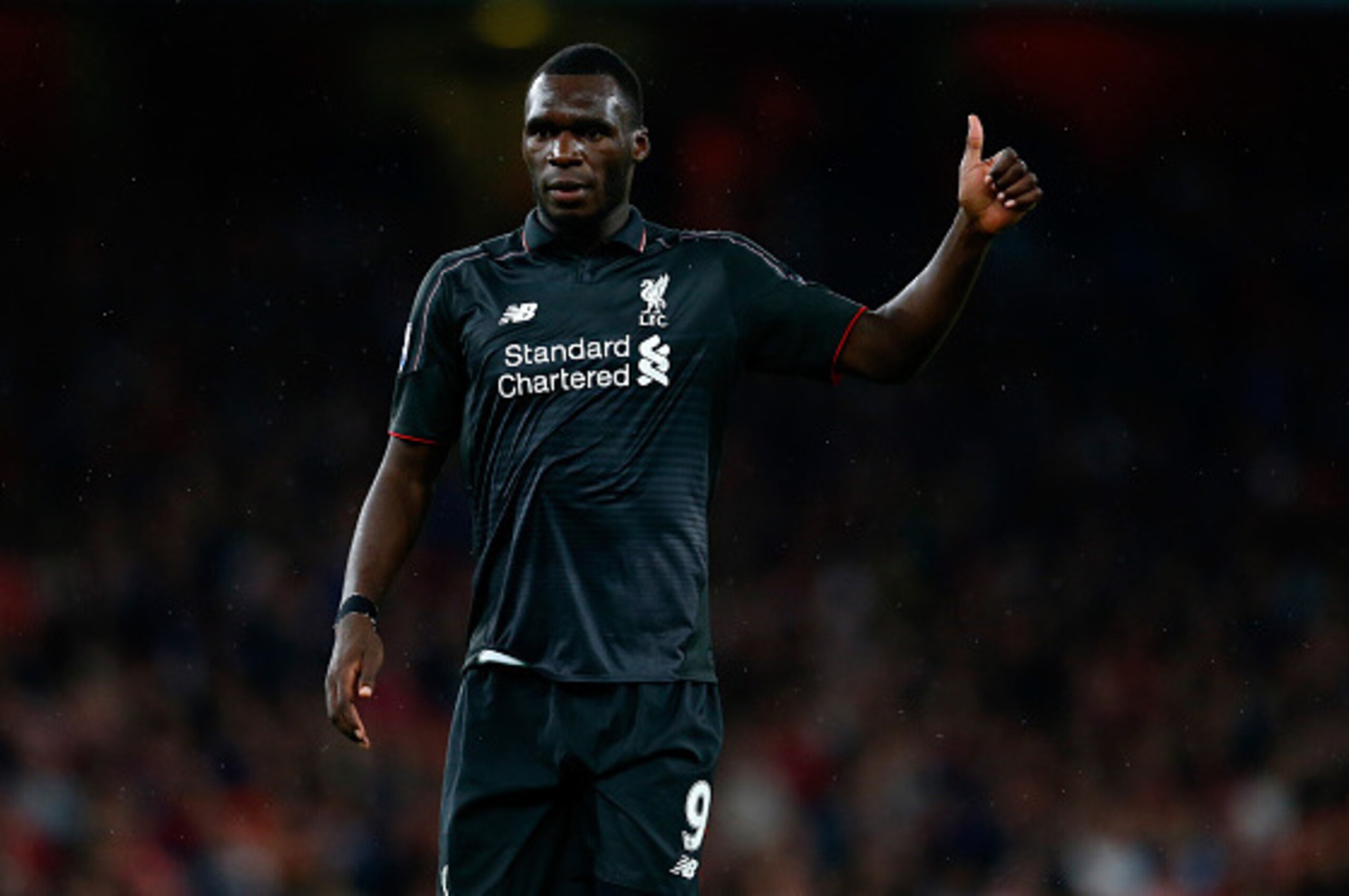 LONDON, ENGLAND - AUGUST 24:  Christian Benteke of Liverpool gives a thumbs up during the Barclays Premier League match between Arsenal and Liverpool at the Emirates Stadium on August 24, 2015 in London, United Kingdom.  (Photo by Julian Finney/Getty Imag