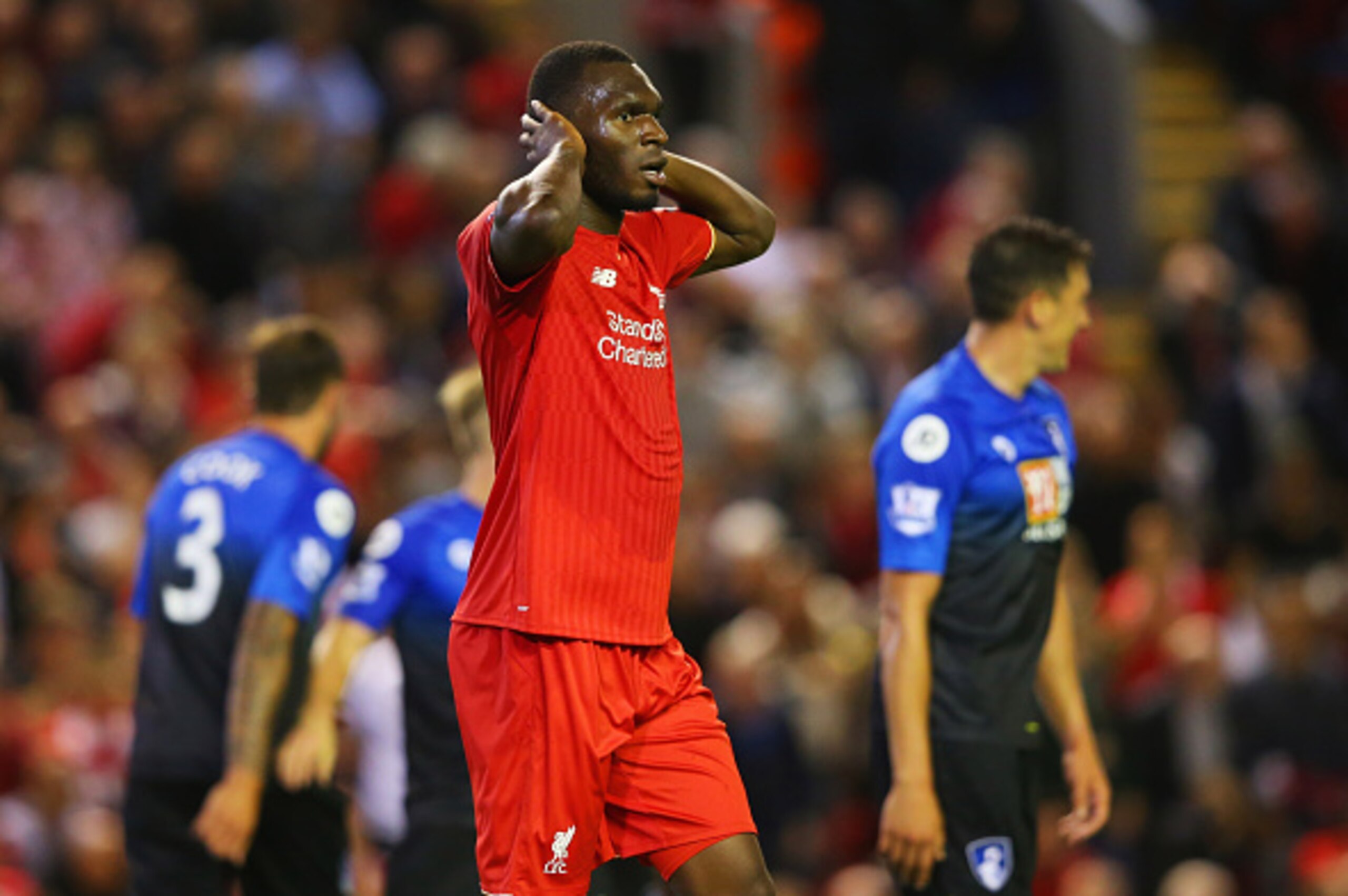 LIVERPOOL, ENGLAND - AUGUST 17:  Christian Benteke of Liverpool reacts after a missed chance during the Barclays Premier League match between Liverpool and A.F.C. Bournemouth at Anfield on August 17, 2015 in Liverpool, United Kingdom.  (Photo by Alex Live