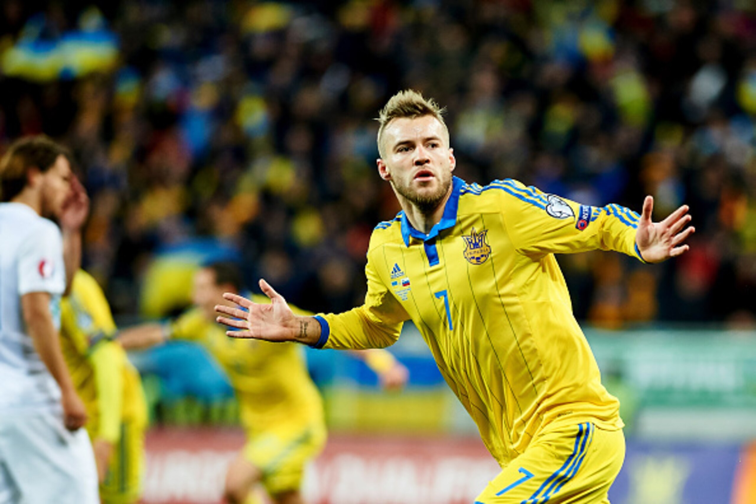 UKRAINE, LVIV - NOVEMBER 14: Andriy Yarmolenko from Ukraine celebrates after scoring the first goal during the UEFA EURO 2016 Play-off for Final Tournament, First leg between Ukraine and Slovenia at Lviv Arena on November 14, 2015 in Lviv, Ukraine. (Photo