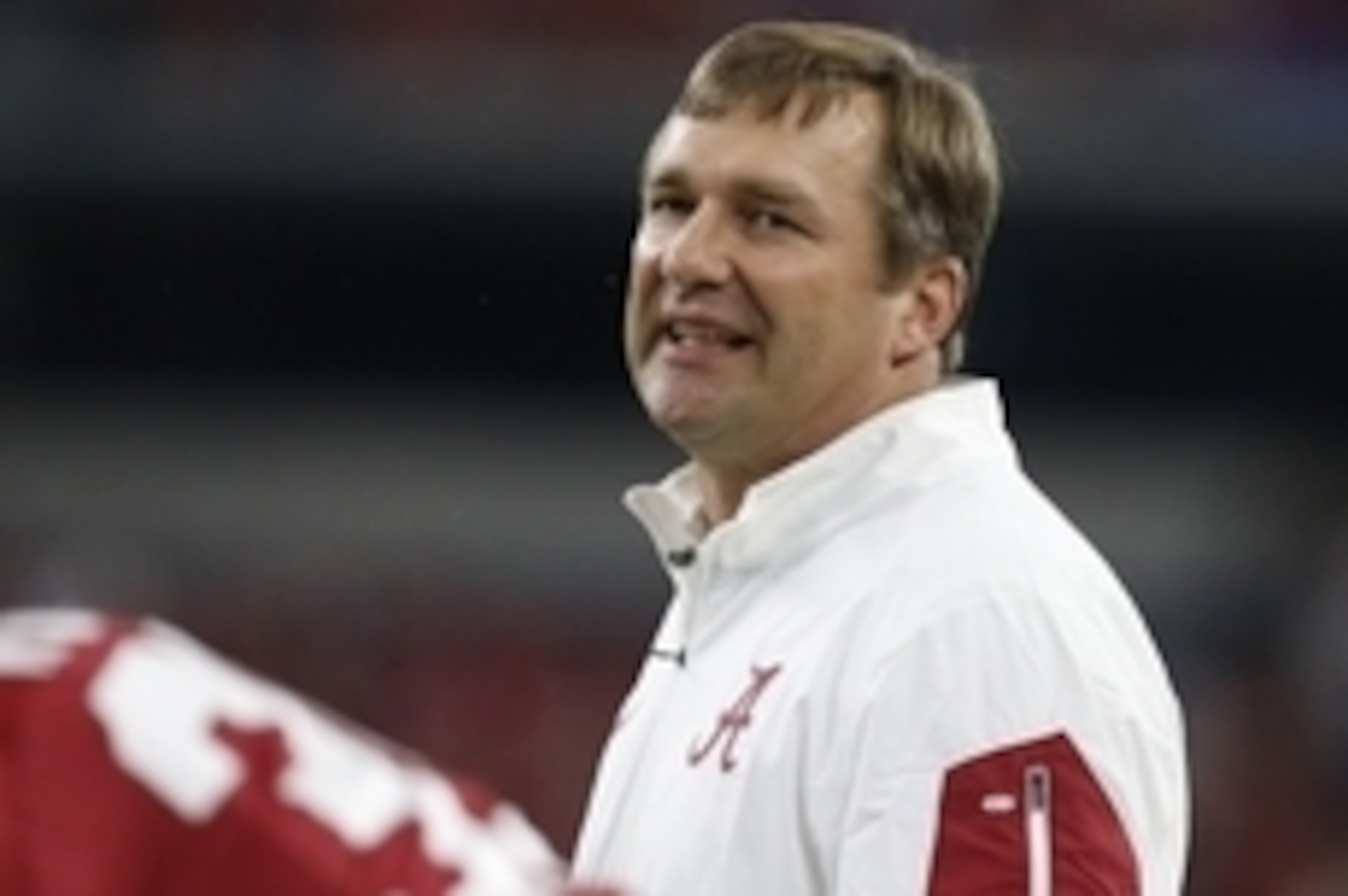 Sep 5, 2015; Arlington, TX, USA; Alabama Crimson Tide defensive coordinator Kirby Smart prior to the game against the Wisconsin Badgers at AT&T Stadium. Mandatory Credit: Matthew Emmons-USA TODAY Sports