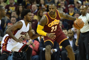 Oct 30, 2015; Cleveland, OH, USA; Cleveland Cavaliers forward LeBron James (23) Miami Heat forward Justise Winslow (20) at Quicken Loans Arena. Mandatory Credit: Ken Blaze-USA TODAY Sports
