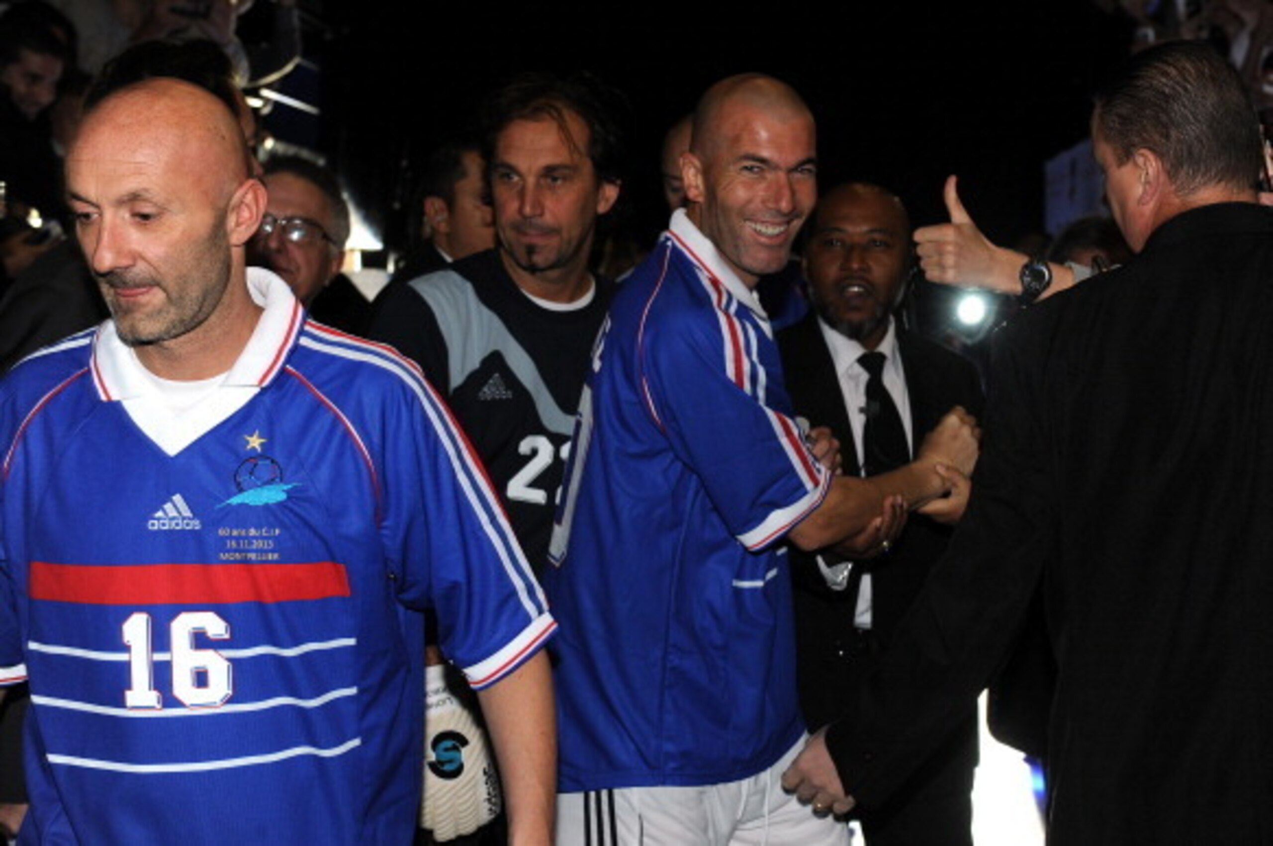 France's former football players (L-R) Fabien Barthez, Lionel Charbonnier and Zinedine Zidane attend a futsal match between the French champions of the 1998 World Cup and Nantes at the Park Suites Arena in Montpellier in southern France on November 16, 20