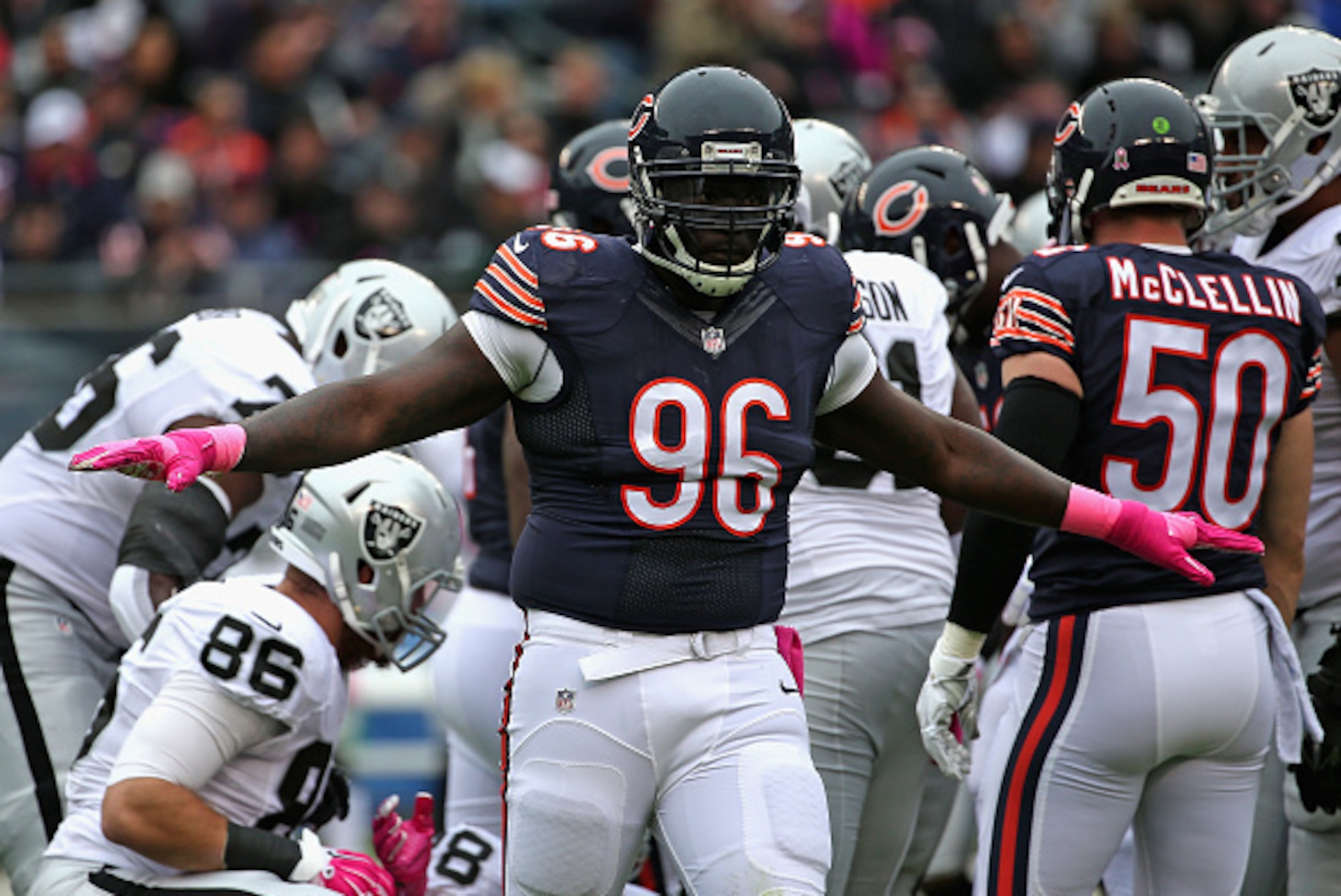 CHICAGO, IL - OCTOBER 04: Jarvis Jenkins #96 of the Chicago Bears celebrates a play against the Oakland Raiders at Soldier Field on October 4, 2015 in Chicago, Illinois. The Bears defeated the Raiders 22-20. (Photo by Jonathan Daniel/Getty Images) CHICAGO, IL - OCTOBER 04: Jarvis Jenkins #96 of the Chicago Bears celebrates a play against the Oakland Raiders at Soldier Field on October 4, 2015 in Chicago, Illinois. The Bears defeated the Raiders 22-20. (Photo by Jonathan Daniel/Getty Images)