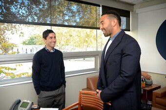 SAN DIEGO, CA - DECEMBER 19: Matt Kemp #27and AJ Preller of the San Diego Padres talk in Preller's office at Petco Park on December 19, 2014 in San Diego, California. (Photo by Andy Hayt/San Diego Padres/Getty Images)