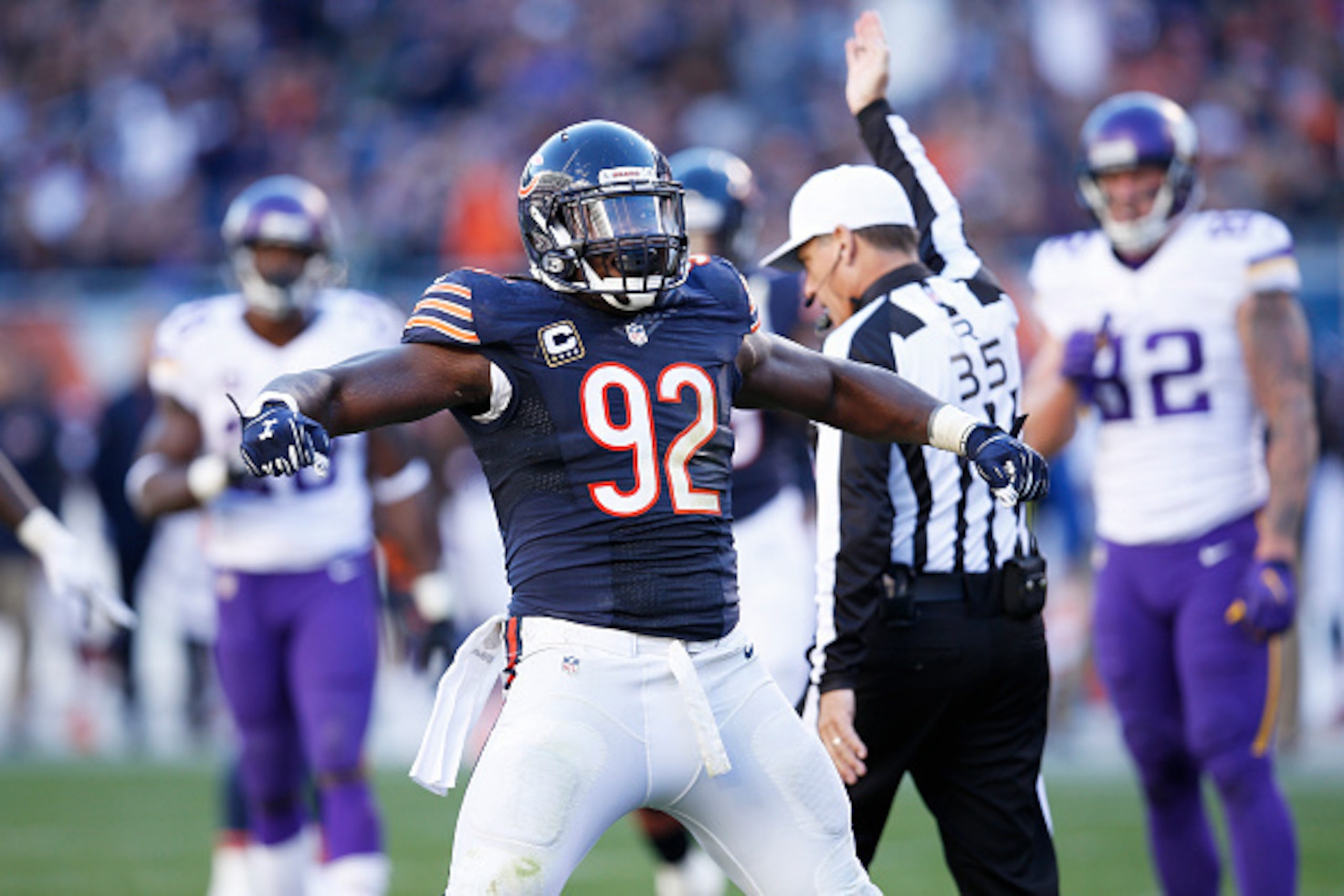 CHICAGO, IL - NOVEMBER 1: Pernell McPhee #92 of the Chicago Bears celebrates after a sack during a game against the Minnesota Vikings at Soldier Field on November 1, 2015 in Chicago, Illinois. The Vikings defeated the Bears 23-20. (Photo by Joe Robbins/Ge CHICAGO, IL - NOVEMBER 1: Pernell McPhee #92 of the Chicago Bears celebrates after a sack during a game against the Minnesota Vikings at Soldier Field on November 1, 2015 in Chicago, Illinois. The Vikings defeated the Bears 23-20. (Photo by Joe Robbins/Ge