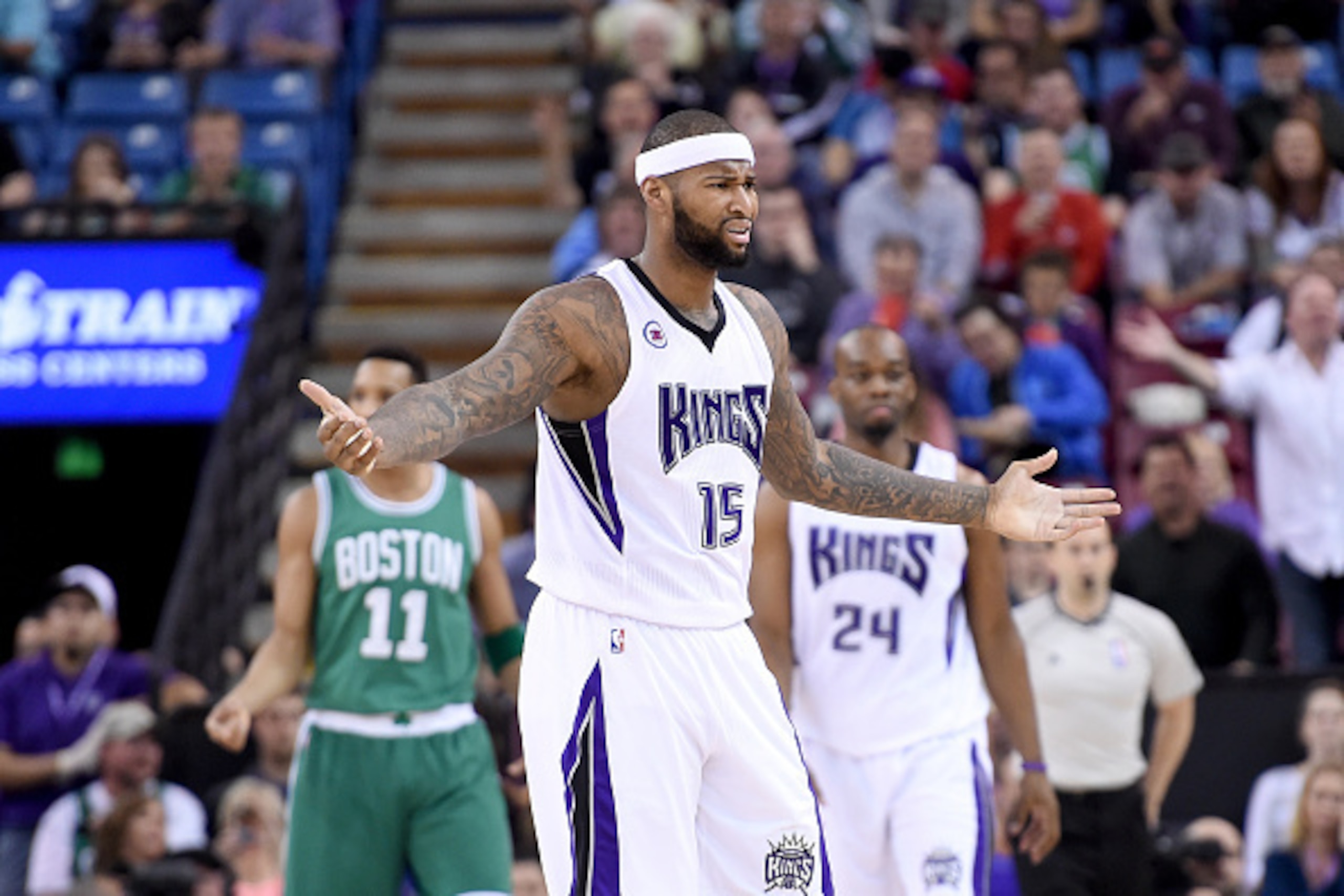 SACRAMENTO, CA - FEBRUARY 20:  DeMarcus Cousins #15 of the Sacramento Kings reacts after no call was made on a play giving the ball back to the Boston Celtics in the first quarter at Sleep Train Arena on February 20, 2015 in Sacramento, California. NOTE T
