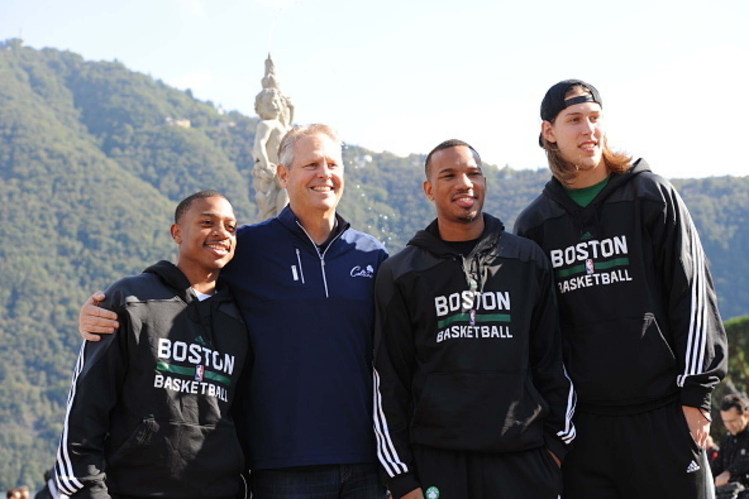 LAKE COMO - OCTOBER 4:  Isaiah Thomas, President of Basketball Operations, Danny Ainge, Avery Bradley and Kelly Olynyk of the Boston Celtics pose for a portrait during the 2015 Global Games on October 4, 2015 in Cernobbio, Italy with Lake Como in the back