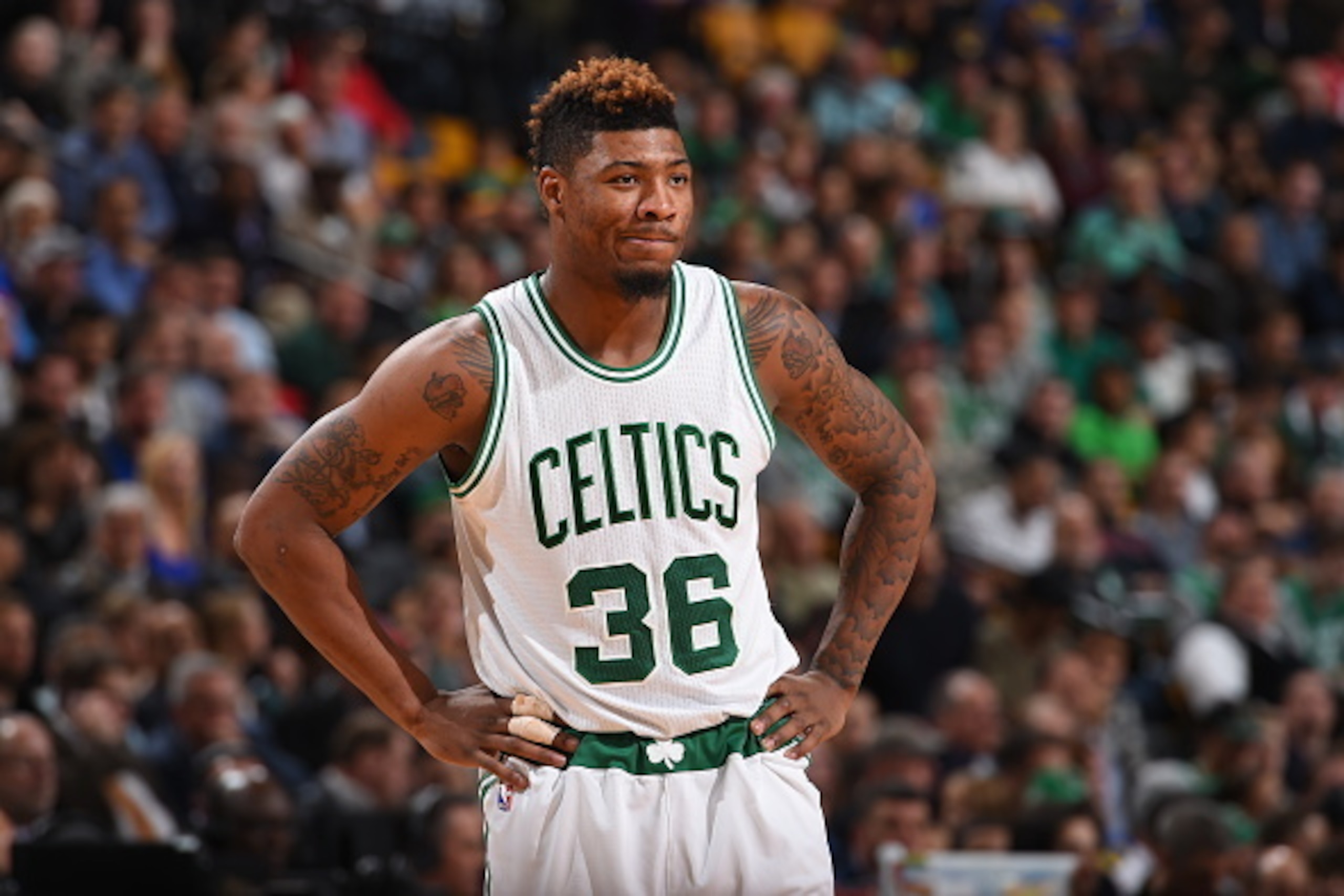 BOSTON, MA - NOVEMBER 11: Marcus Smart #36 of the Boston Celtics is seen during the game against the Indiana Pacers on November 11, 2015 at the TD Garden in Boston, Massachusetts.  NOTE TO USER: User expressly acknowledges and agrees that, by downloading 