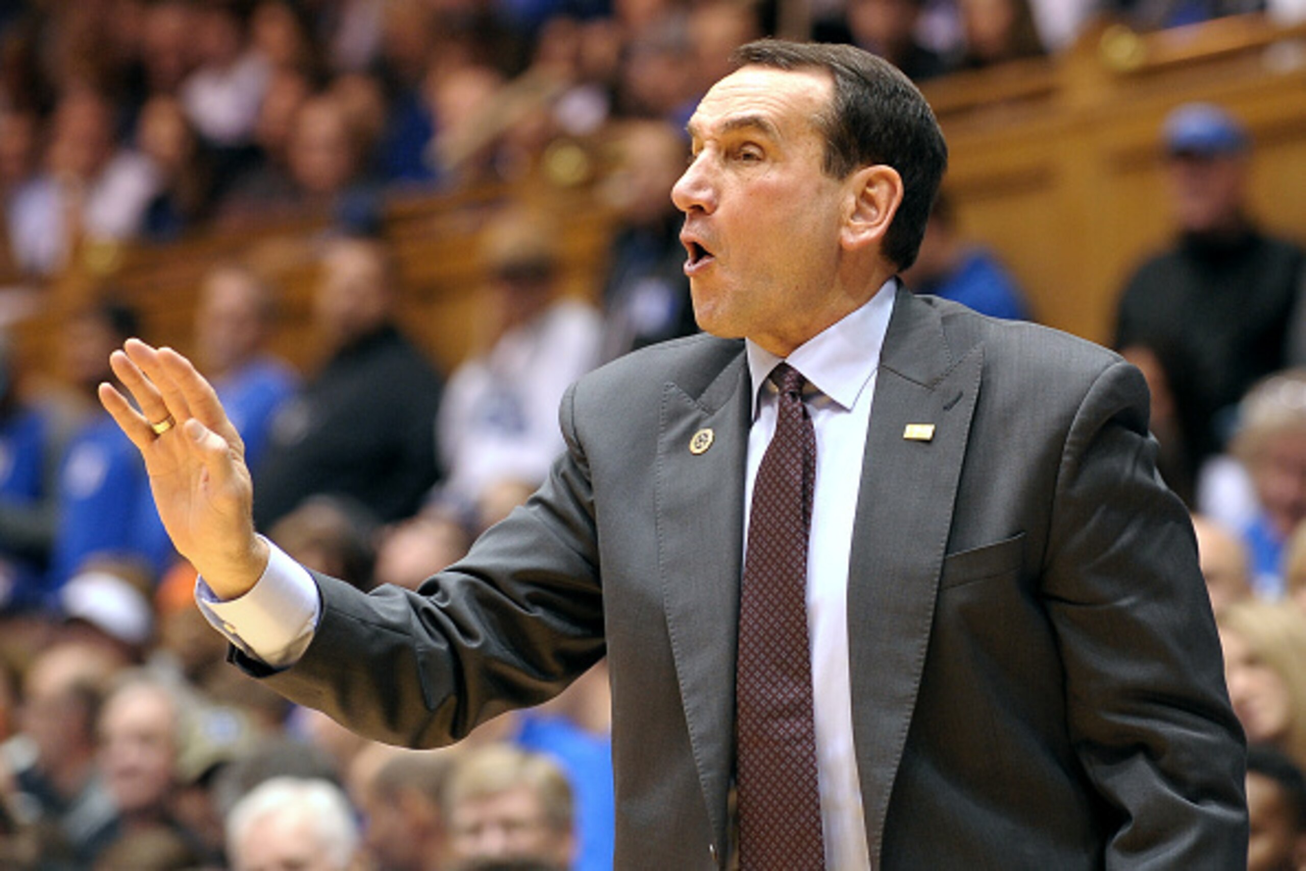 DURHAM, NC - NOVEMBER 14: Head Coach Mike Krzyzewski of the Duke Blue Devils directs his team against the Bryant Bulldogs at Cameron Indoor Stadium on November 14, 2015 in Durham, North Carolina. Duke defeated Bryant 113-75. (Photo by Lance King/Getty Ima DURHAM, NC - NOVEMBER 14: Head Coach Mike Krzyzewski of the Duke Blue Devils directs his team against the Bryant Bulldogs at Cameron Indoor Stadium on November 14, 2015 in Durham, North Carolina. Duke defeated Bryant 113-75. (Photo by Lance King/Getty Ima