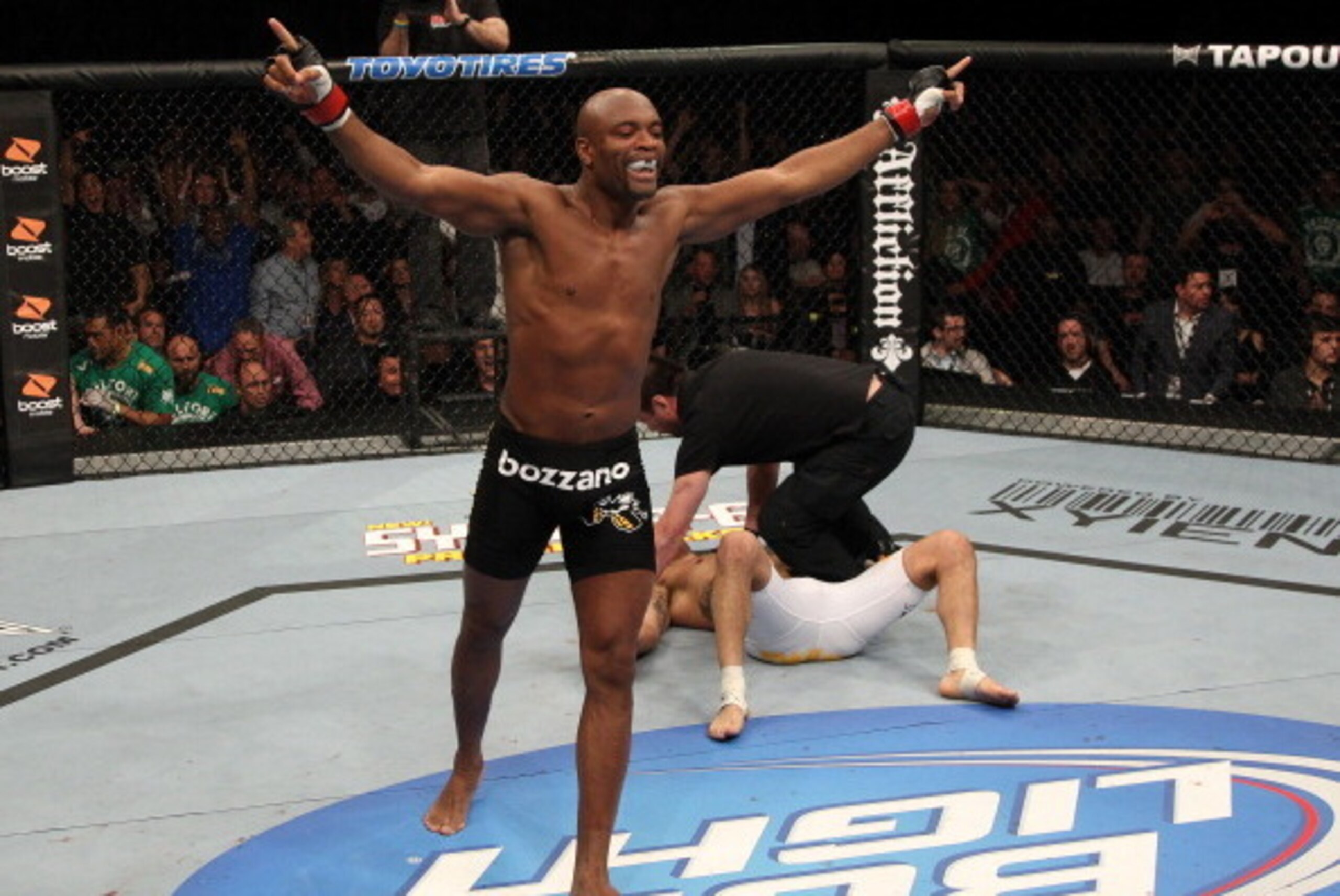 LAS VEGAS - FEBRUARY 05:  Anderson Silva celebrates his victory over Vitor Belfort at UFC 126 at the Mandalay Bay Events Center on February 5, 2011 in Las Vegas, Nevada.  (Photo by Jed Jacobsohn/Zuffa LLC/Zuffa LLC via Getty Images)
