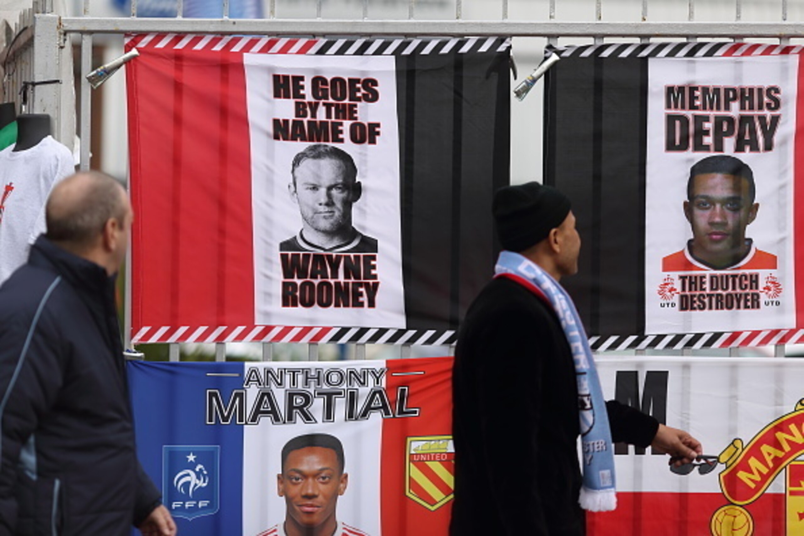 MANCHESTER, ENGLAND - OCTOBER 25:  Flags of Wayne Rooney, Memphis Depay and Anthony Martial of Manchester United prior to the Barclays Premier League match between Manchester United and Manchester City at Old Trafford on October 25, 2015 in Manchester, En