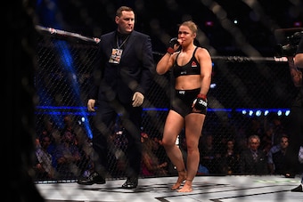 MELBOURNE, AUSTRALIA - NOVEMBER 15:  Ronda Rousey leaves the Octagon after being defeated by Holly Holm in their UFC women's bantamweight championship bout during the UFC 193 event at Etihad Stadium on November 15, 2015 in Melbourne, Australia. (Photo by 