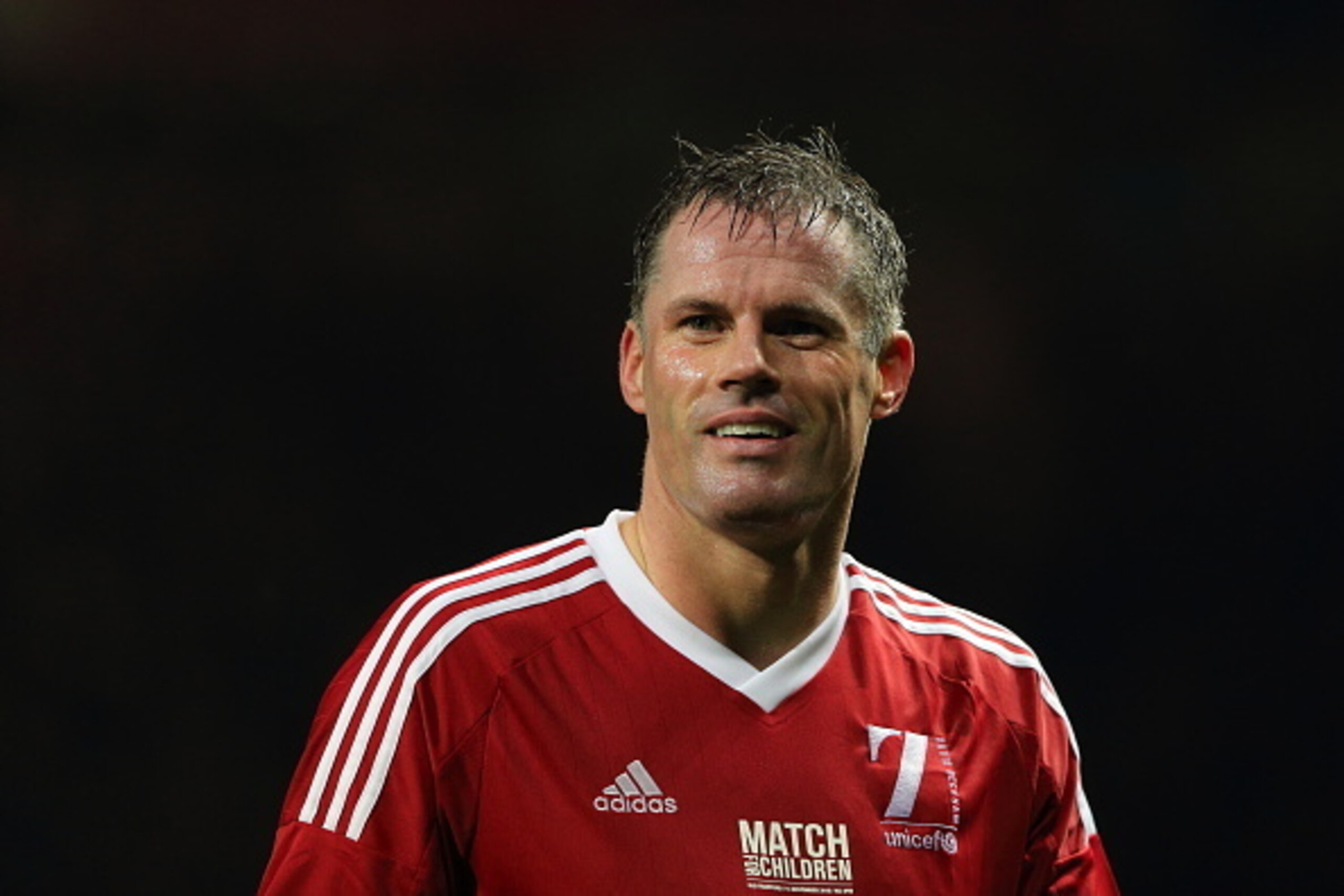 MANCHESTER, ENGLAND - NOVEMBER 14: Jamie Carragher of Great Britain and Ireland XI during the David Beckham Match for Children in aid of UNICEF at Old Trafford on November 14, 2015 in Manchester, England.  (Photo by Matthew Ashton - AMA/Getty Images)