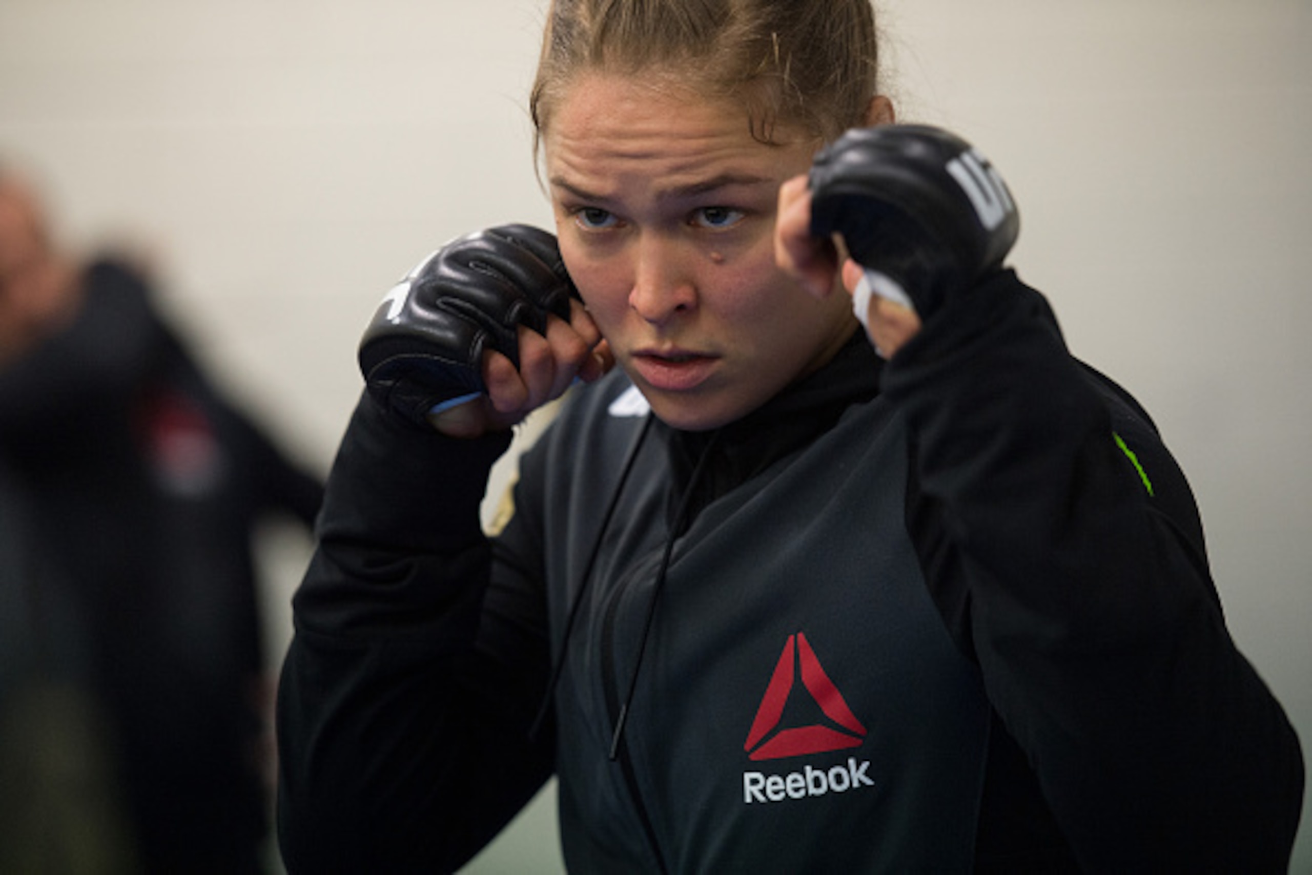 MELBOURNE, AUSTRALIA - NOVEMBER 15:  UFC women's bantamweight champion Ronda Rousey of the United States warms up before facing Holly Holm of the United States during the UFC 193 event at Etihad Stadium on November 15, 2015 in Melbourne, Australia.  (Phot