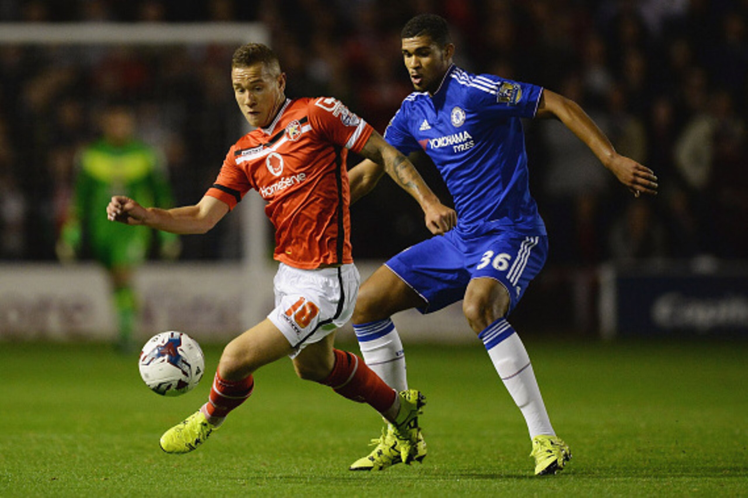 WALSALL, ENGLAND - SEPTEMBER 23:  Kieron Morris of Walsall evades Ruben Loftus-Cheek of Chelsea during the Capital One Cup third round match between Walsall and Chelsea at Banks's Stadium on September 23, 2015 in Walsall, England.  (Photo by Nigel Roddis/