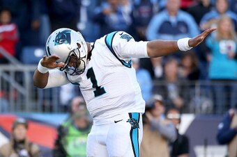 NASHVILLE, TN - NOVEMBER 15:  Cam Newton #1 of the Carolina Panthers celebrates after scoring a touchdown during the second half against the Tennessee Titans at LP Field on November 15, 2015 in Nashville, Tennessee.  (Photo by Andy Lyons/Getty Images)