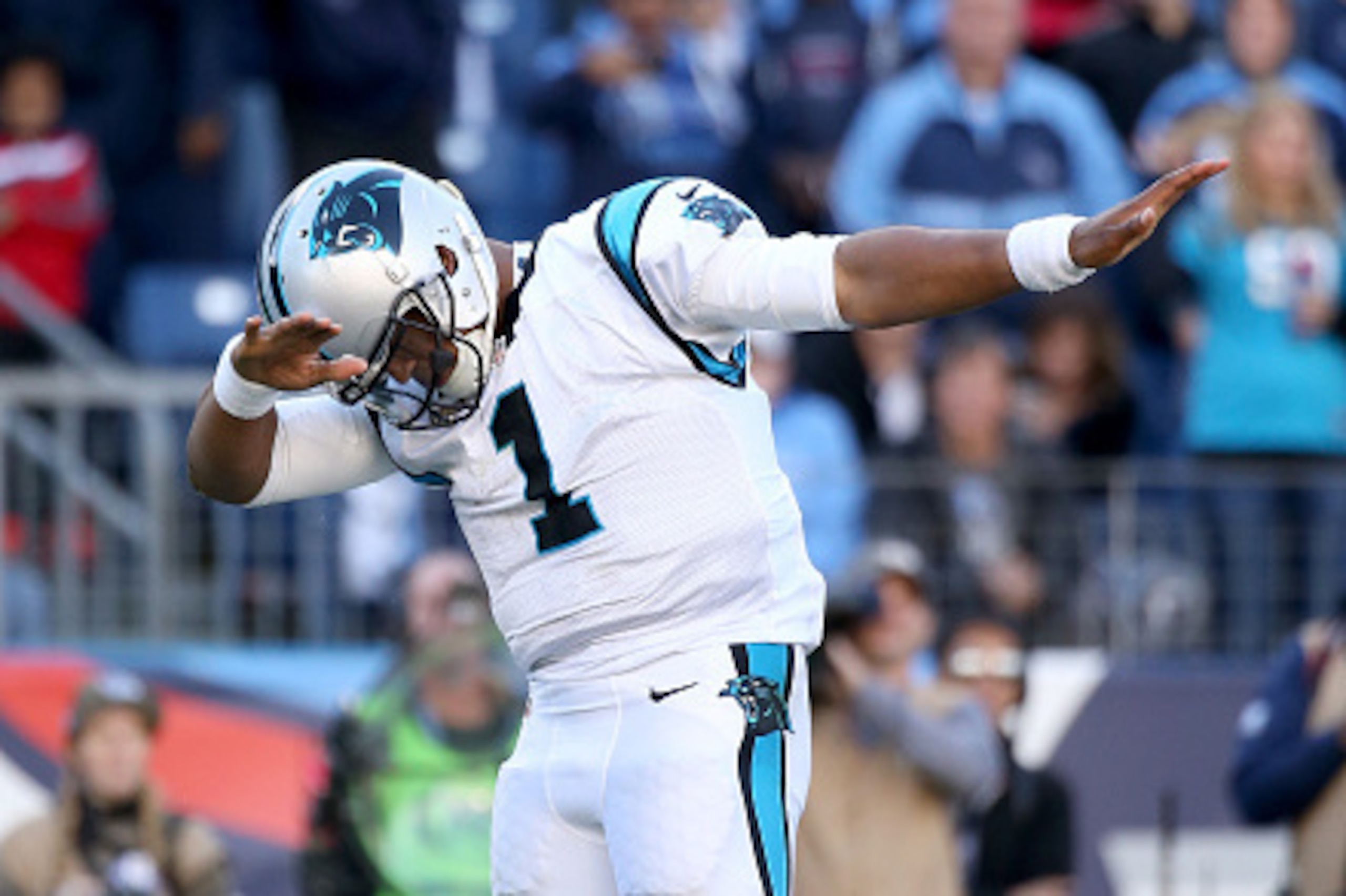 NASHVILLE, TN - NOVEMBER 15:  Cam Newton #1 of the Carolina Panthers celebrates after scoring a touchdown during the second half against the Tennessee Titans at LP Field on November 15, 2015 in Nashville, Tennessee.  (Photo by Andy Lyons/Getty Images)